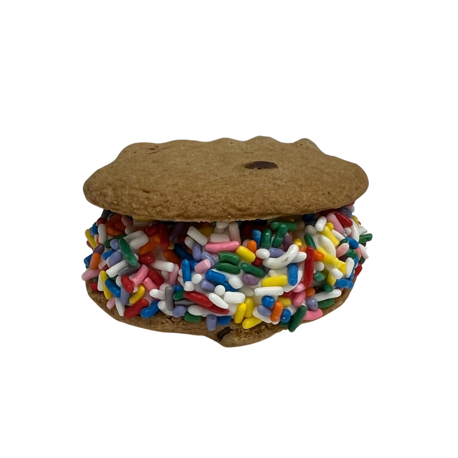 vanilla marshmallow with rainbow sprinkles in between chocolate chip cookies