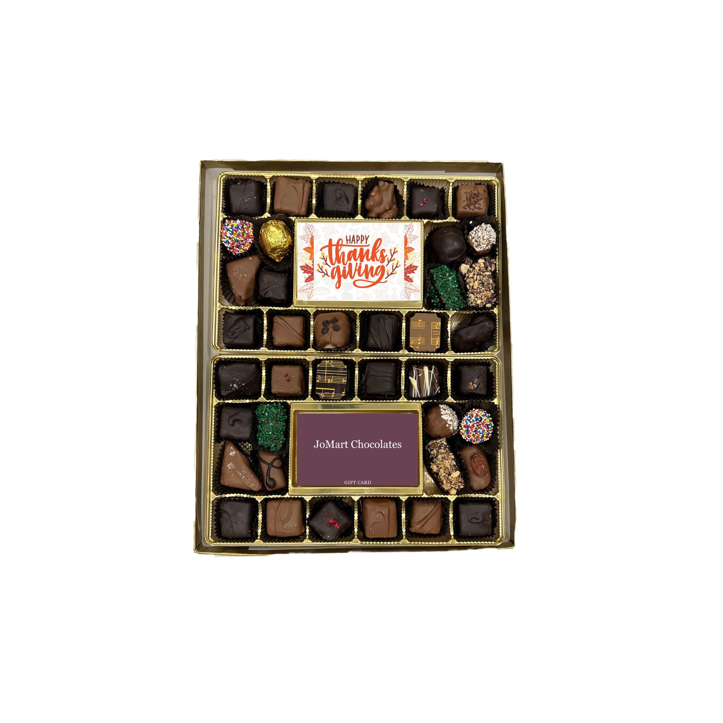 Box of assorted chocolates with a 'Happy Thanksgiving' card on a white background