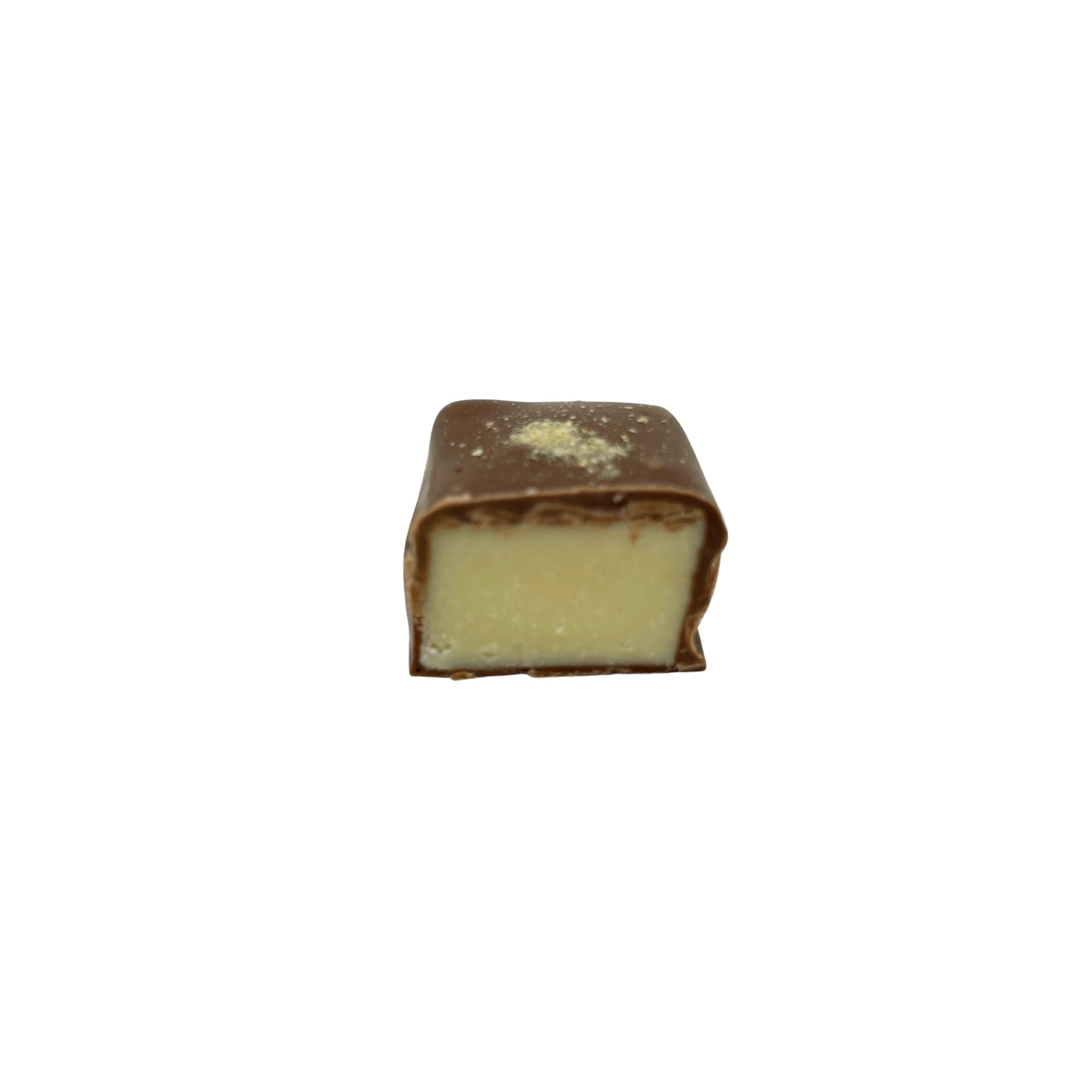 milk chocolate square with lemon inside and off white speckle on top