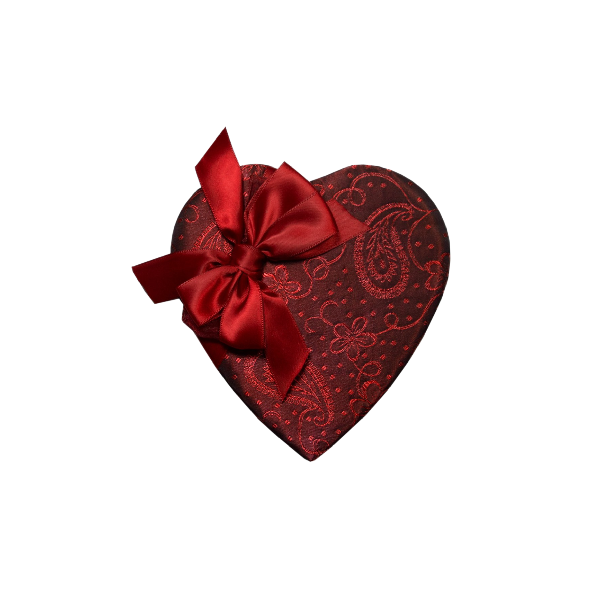 Heart-shaped gift box with red ribbon on a white background