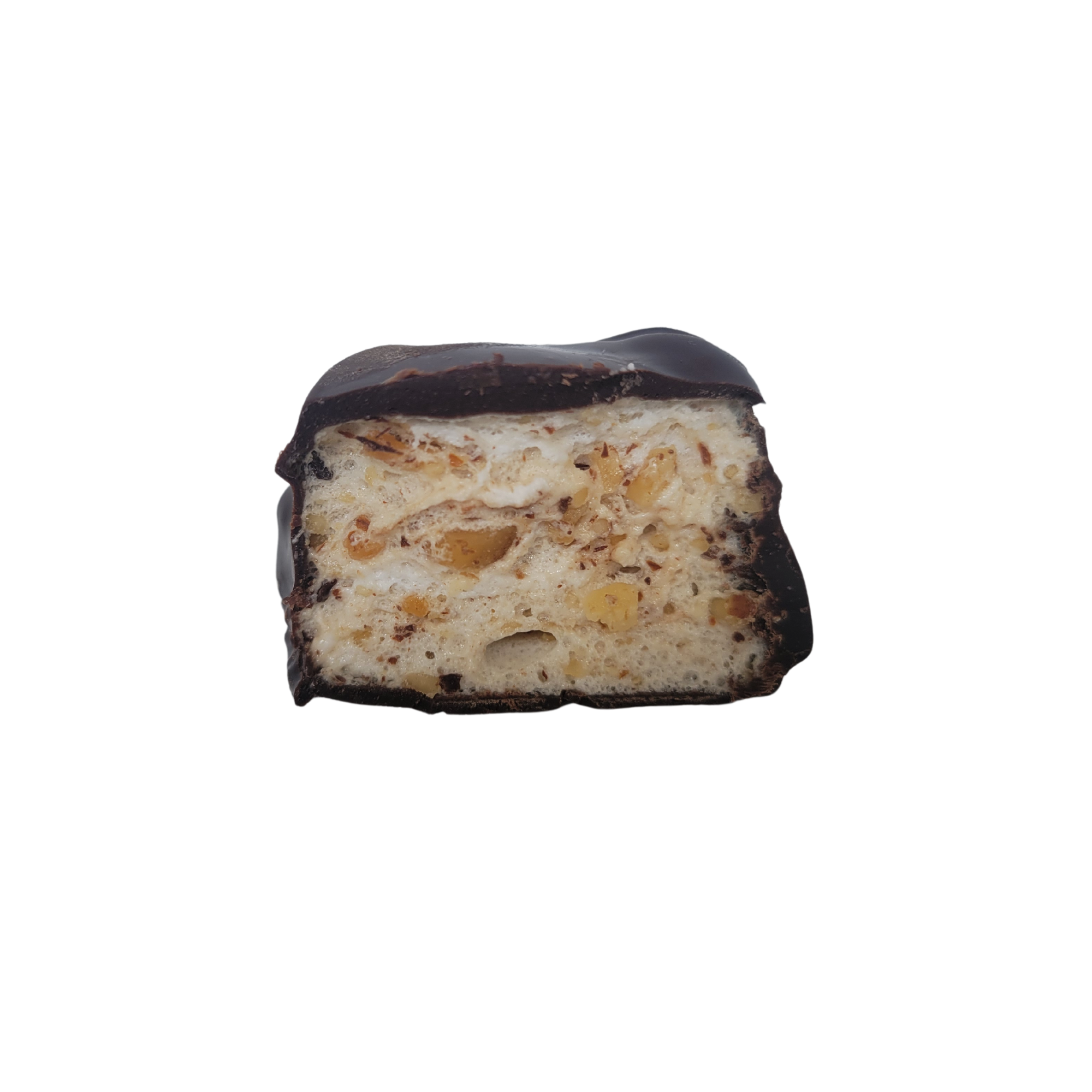 cut open chocolate covered marshmallow with a chopped almonds