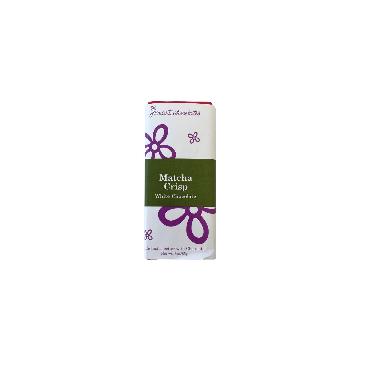 A single bar of 'Matcha Crisp' white chocolate bar, featuring a white wrapper with a dark green central label and purple floral accents, set against a plain white background.
