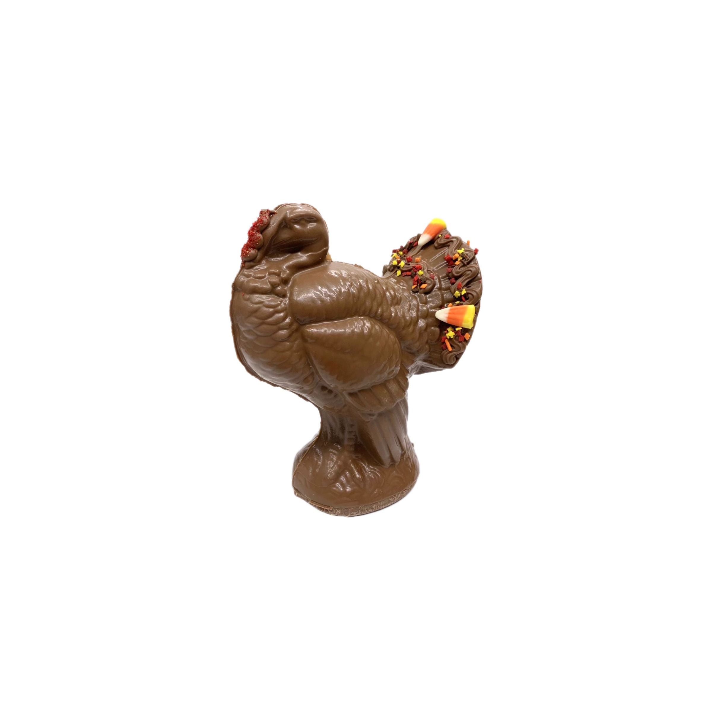 Chocolate turkey with sprinkles on a white background
