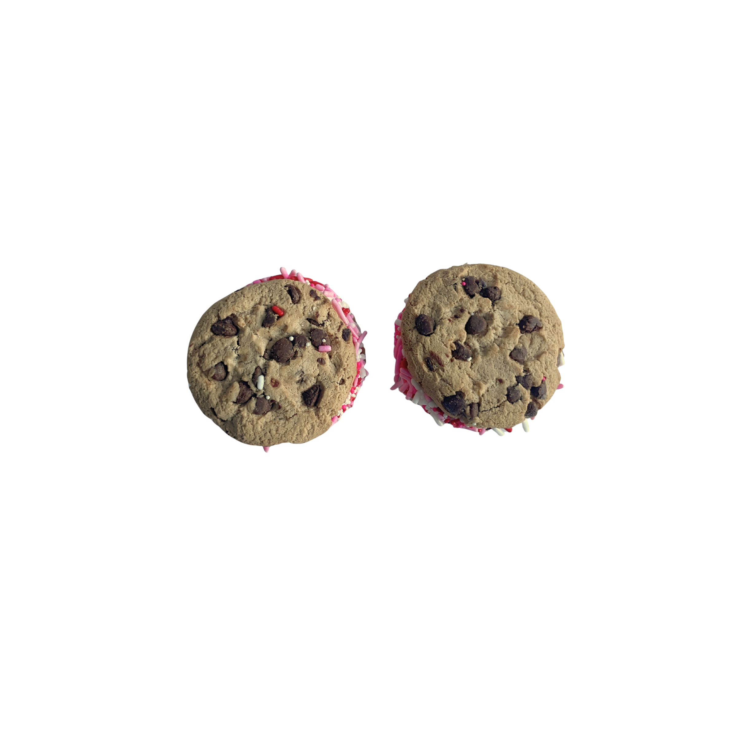 Two cookies with chocolate chips on a white background