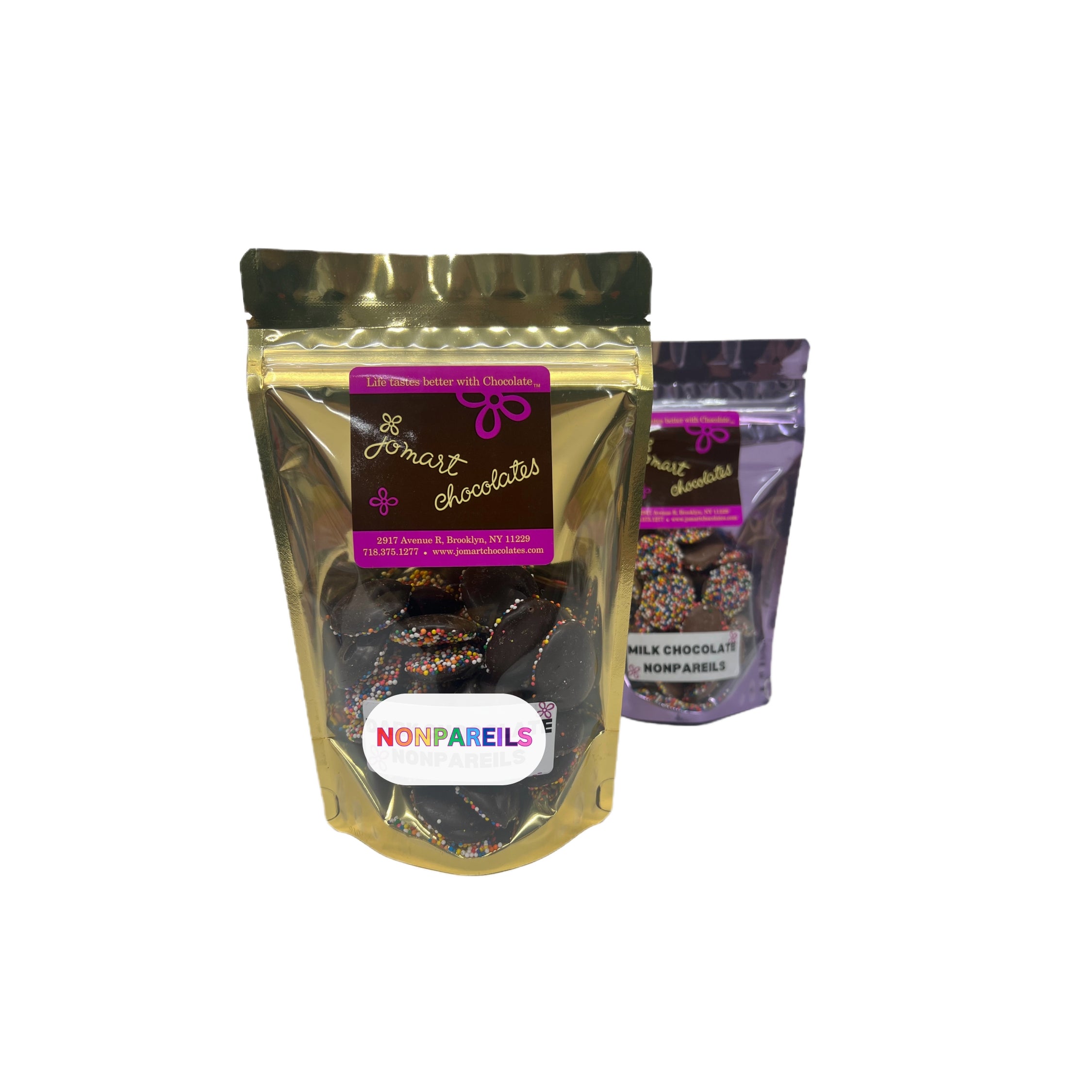 Two packages of chocolate nonpareils with visible brand labels on a white background