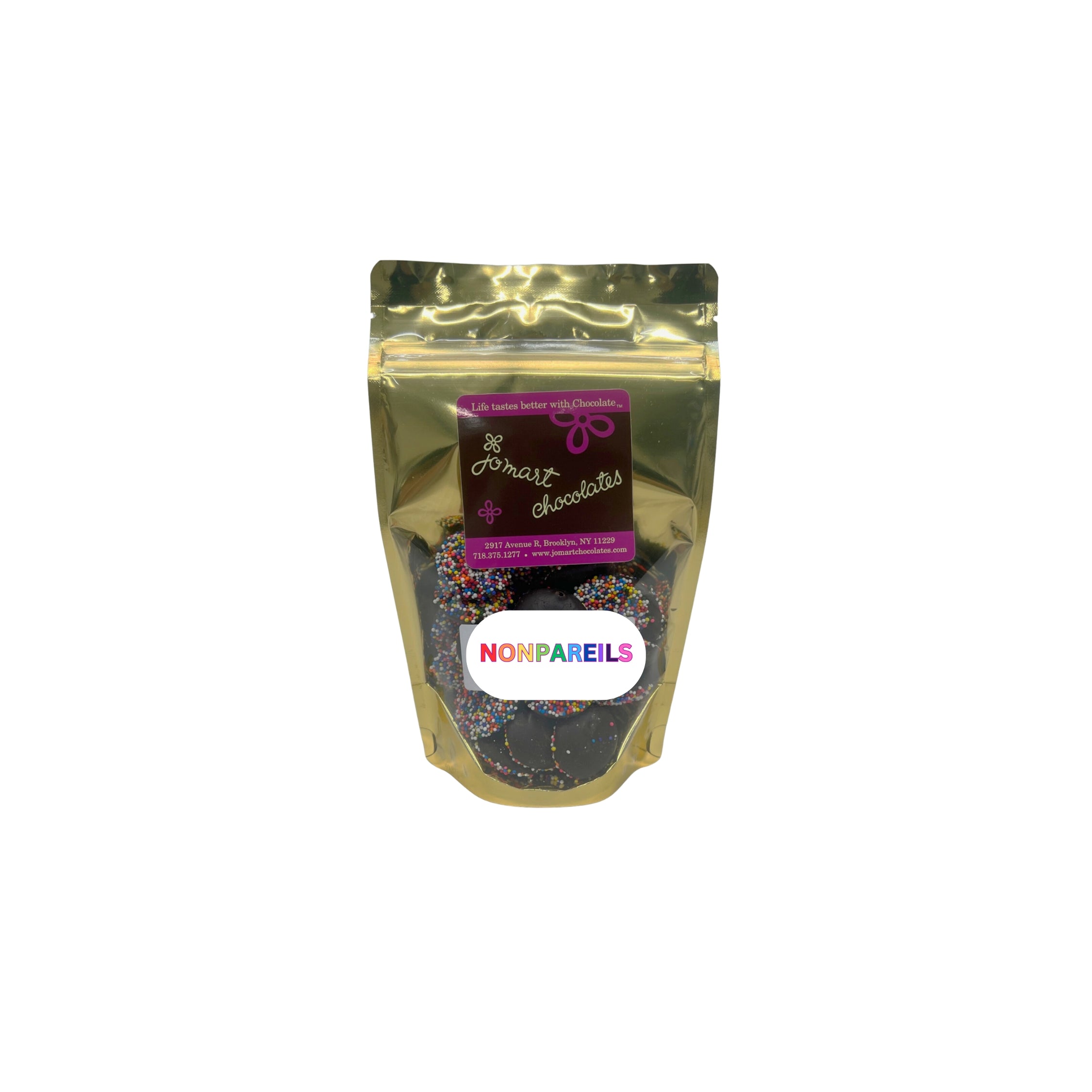 Gold packaging of Nonpareils with a visible brand label on a white background