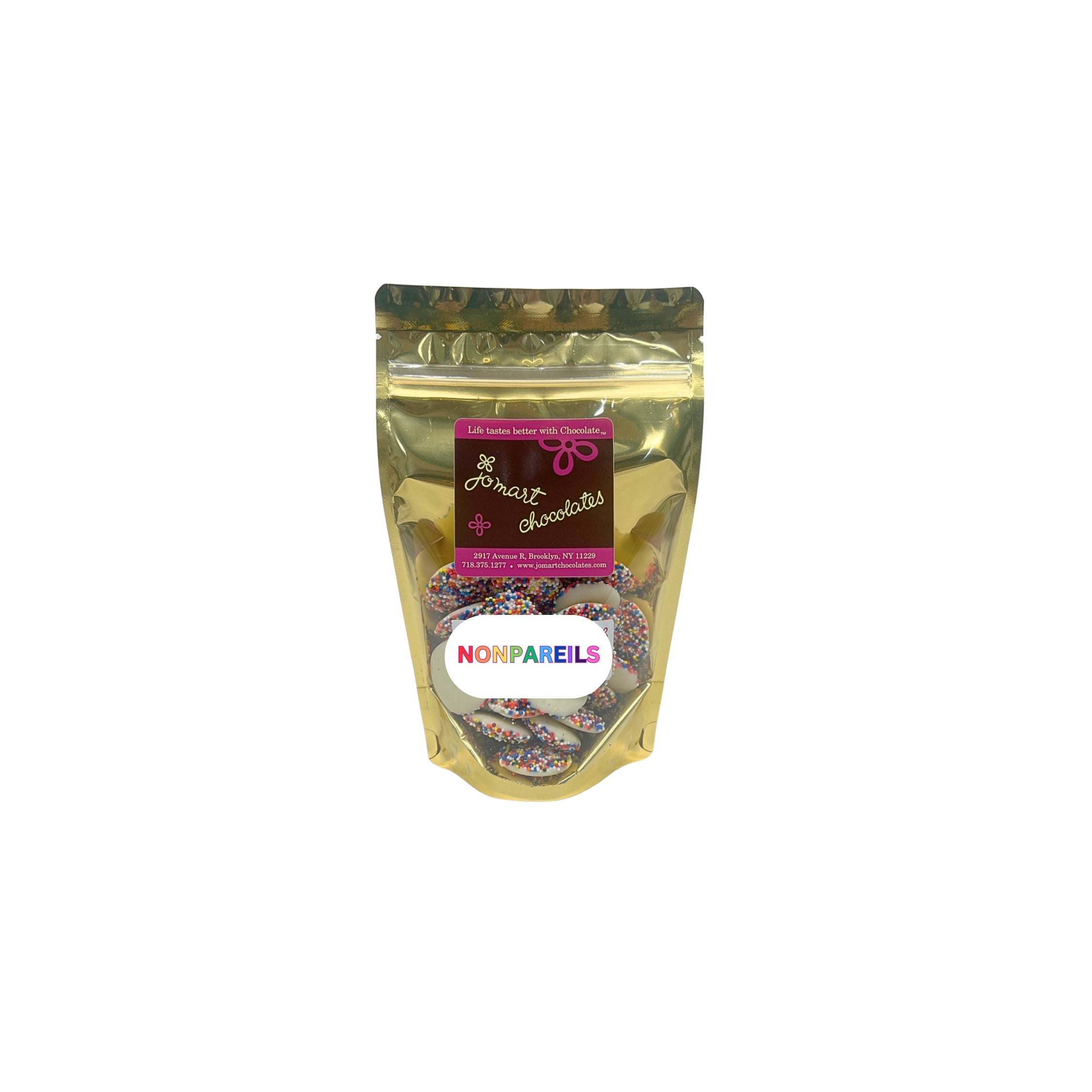 Gold packaging of Nonpareils with visible brand name on a white background