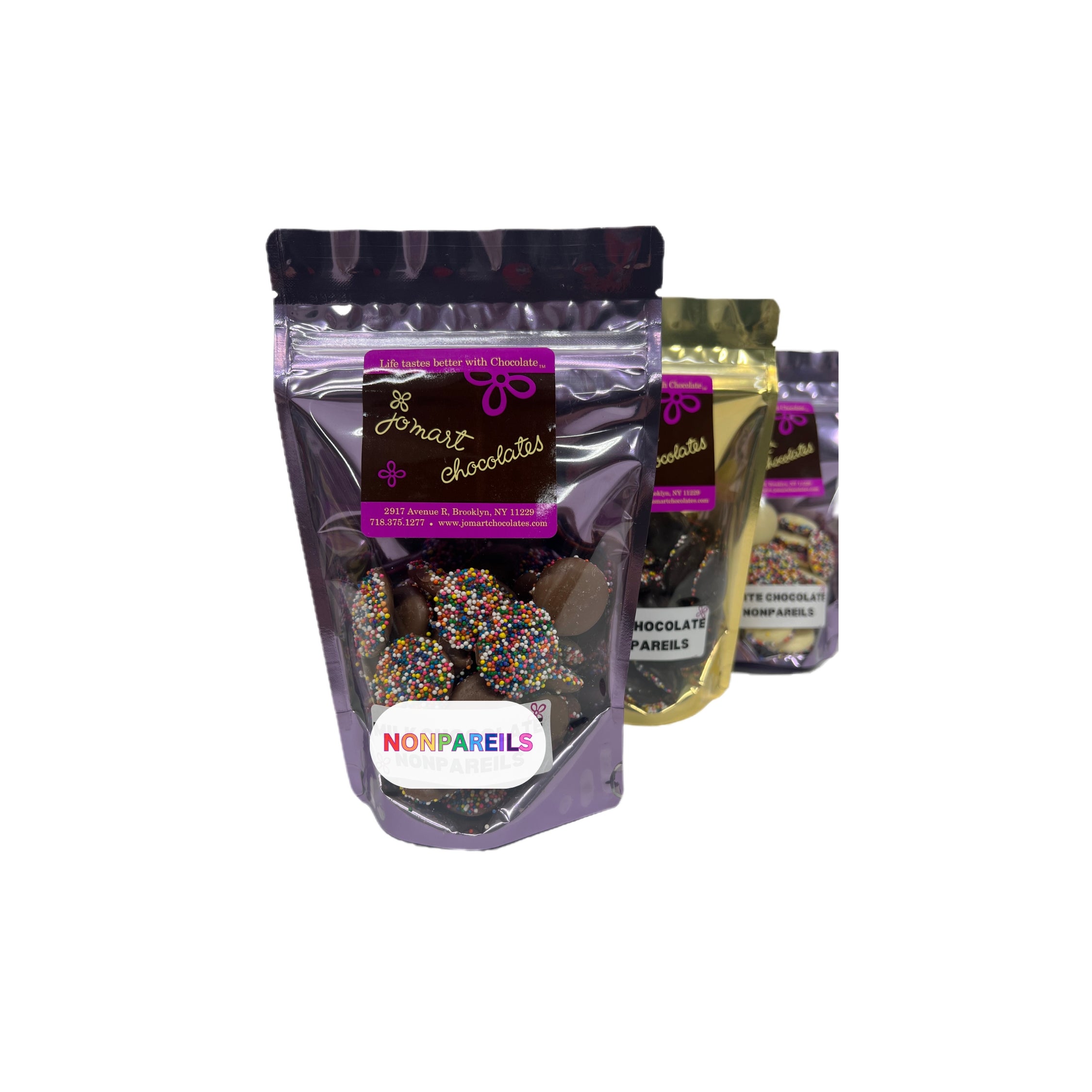 Two packages of JoMart Chocolates Nonpareils on a white background