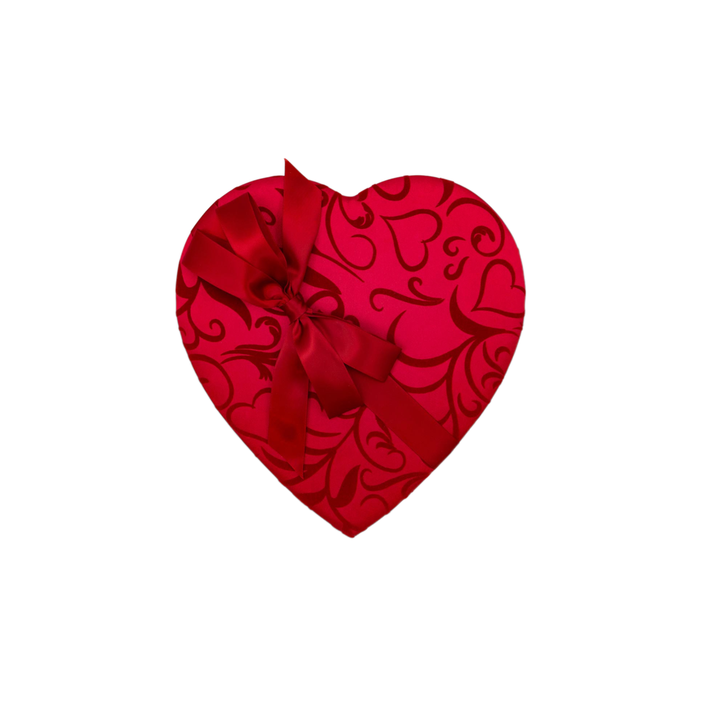 Red heart-shaped box with a bow on a white background