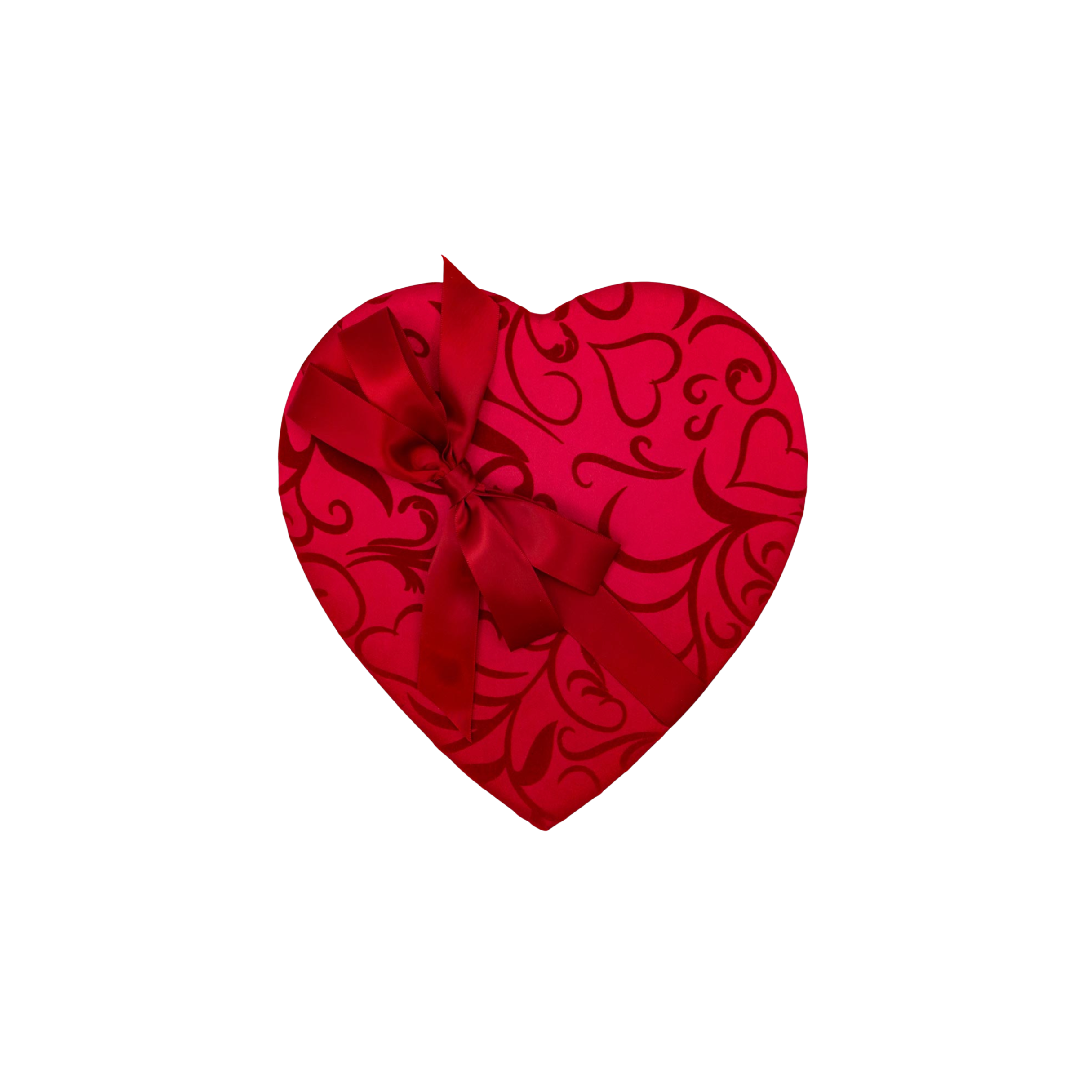 Red heart-shaped box with a decorative pattern on a white background