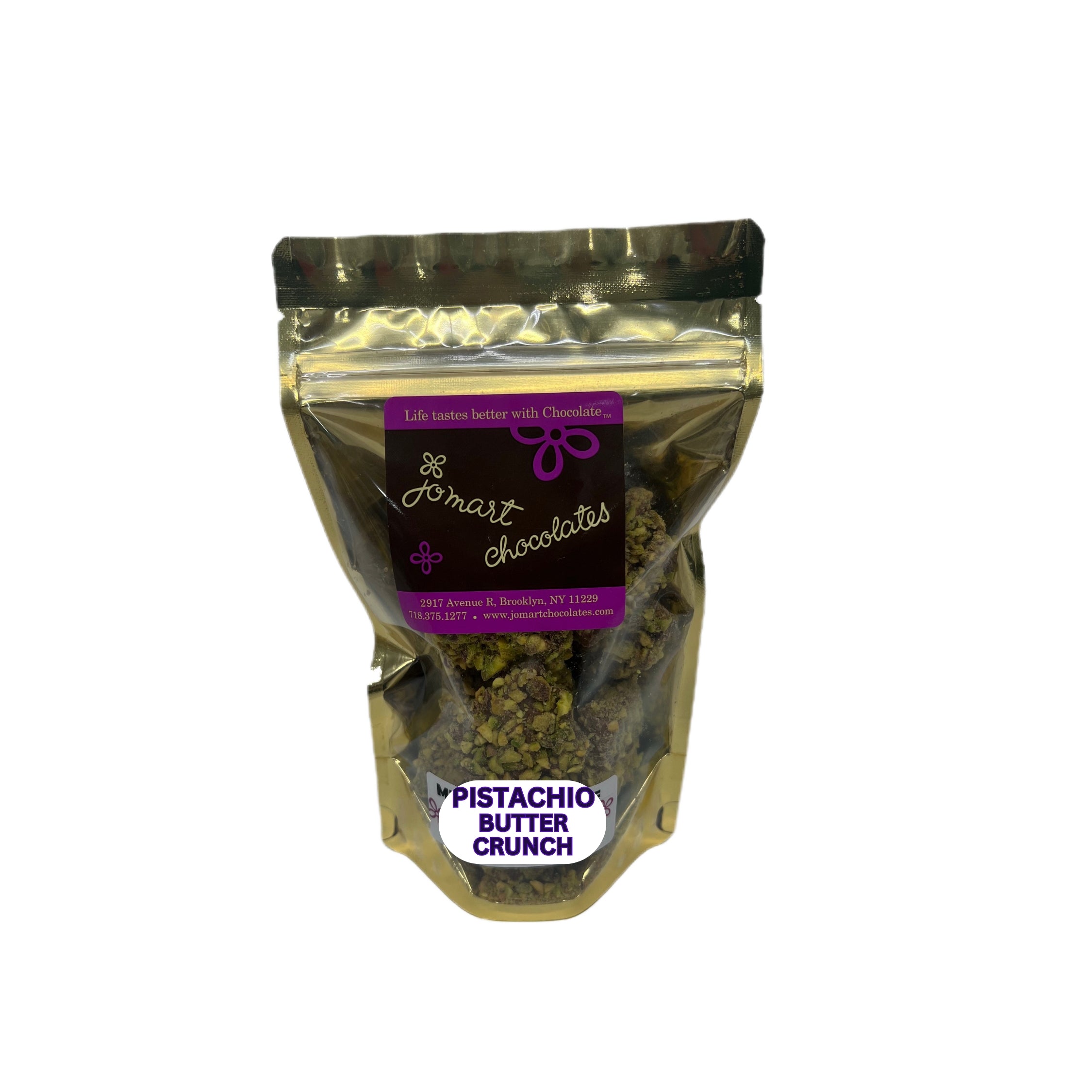 Pouch of pistachio butter crunch chocolate with 'JoMart Chocolates' branding on a white background