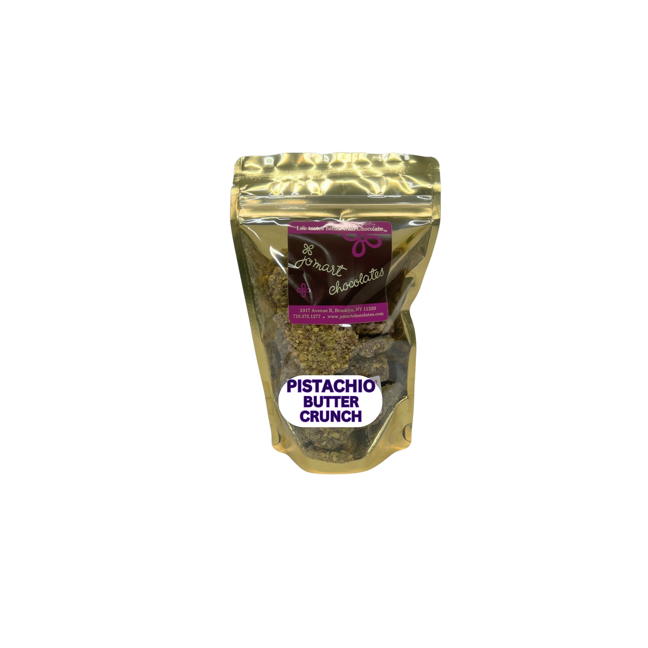 Gold packaging of pistachio butter crunch on a white background