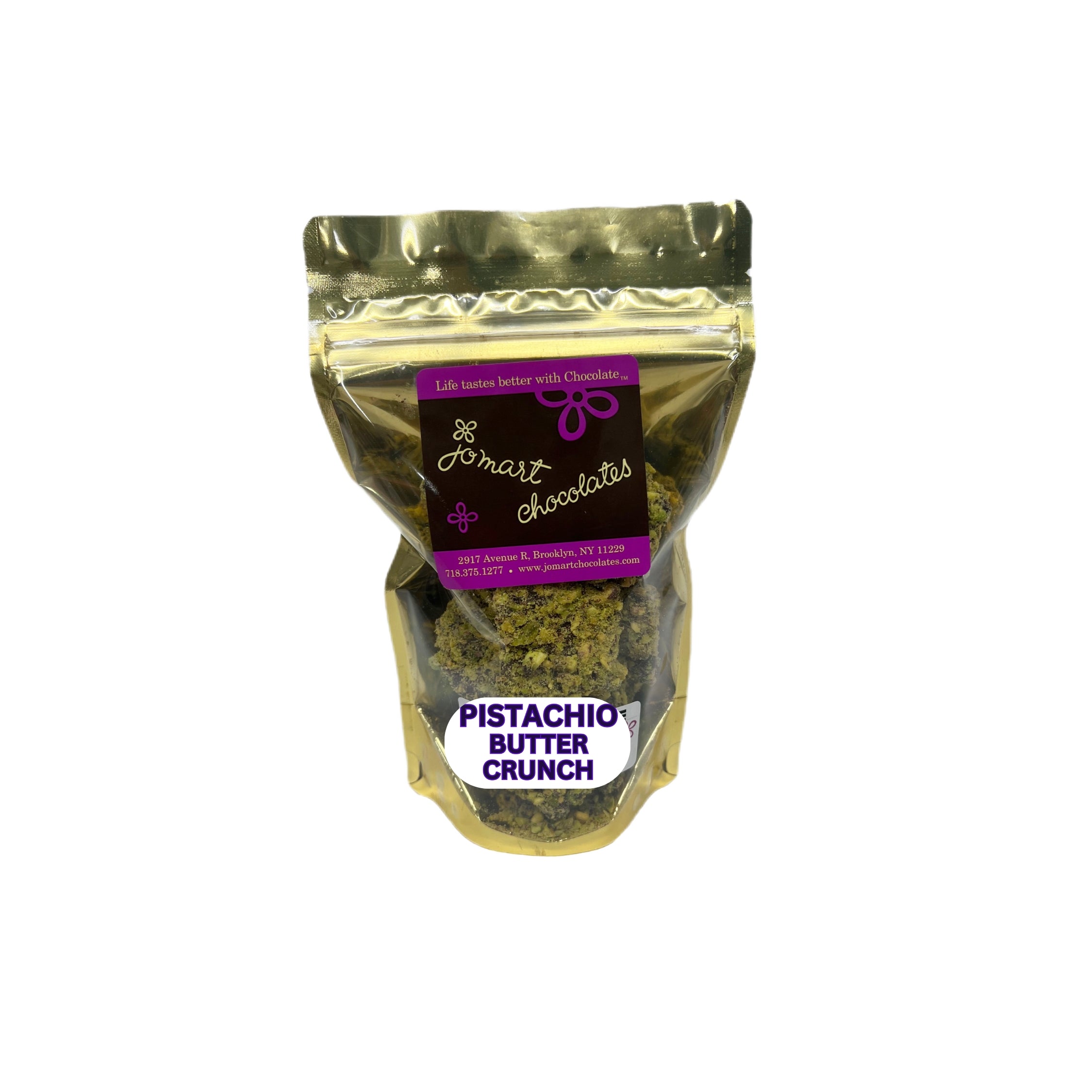 Packaged pistachio butter crunch on a white background