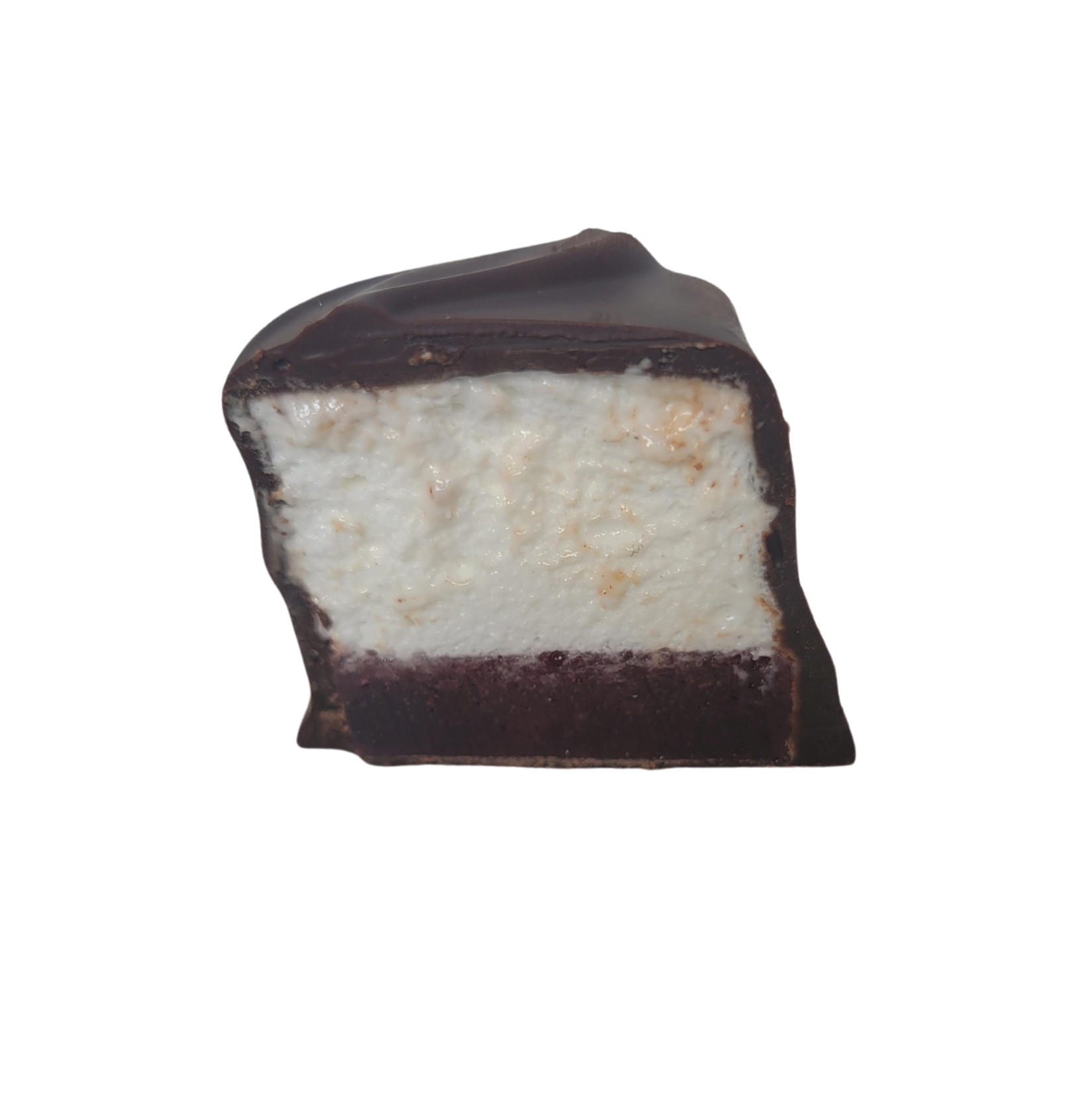 cut open chocolate covered marshmallow with a layer of raspherry jelly