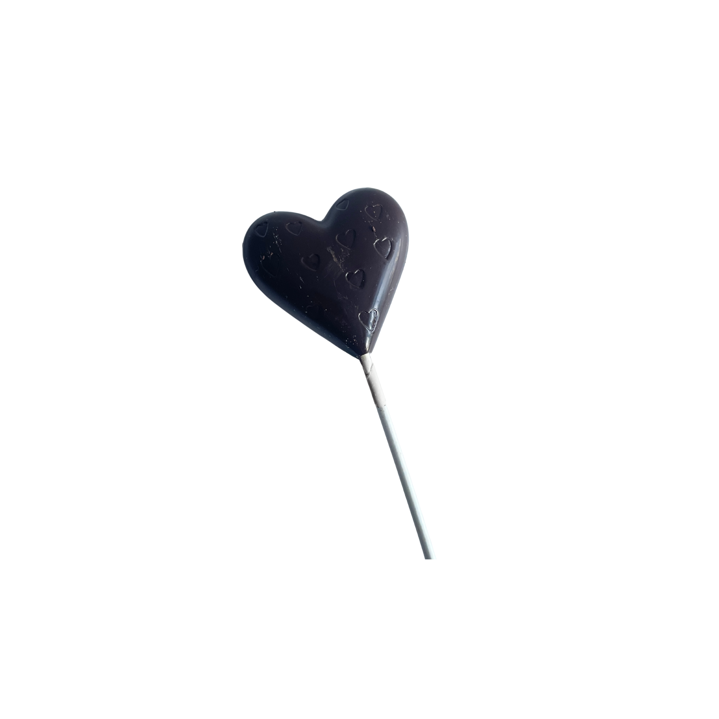 Black heart-shaped lollipop on a white background