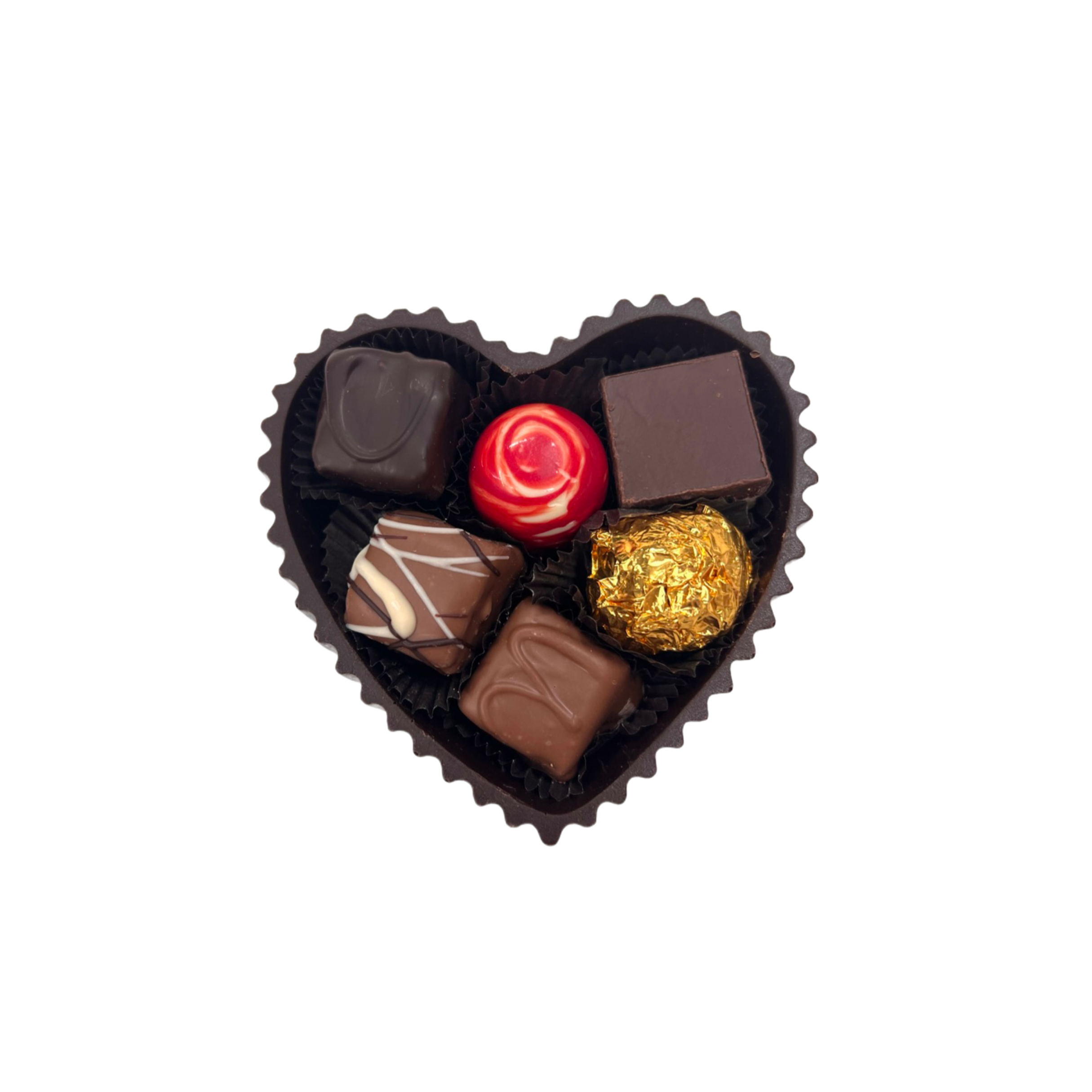 Heart-shaped box of assorted chocolates on a white background