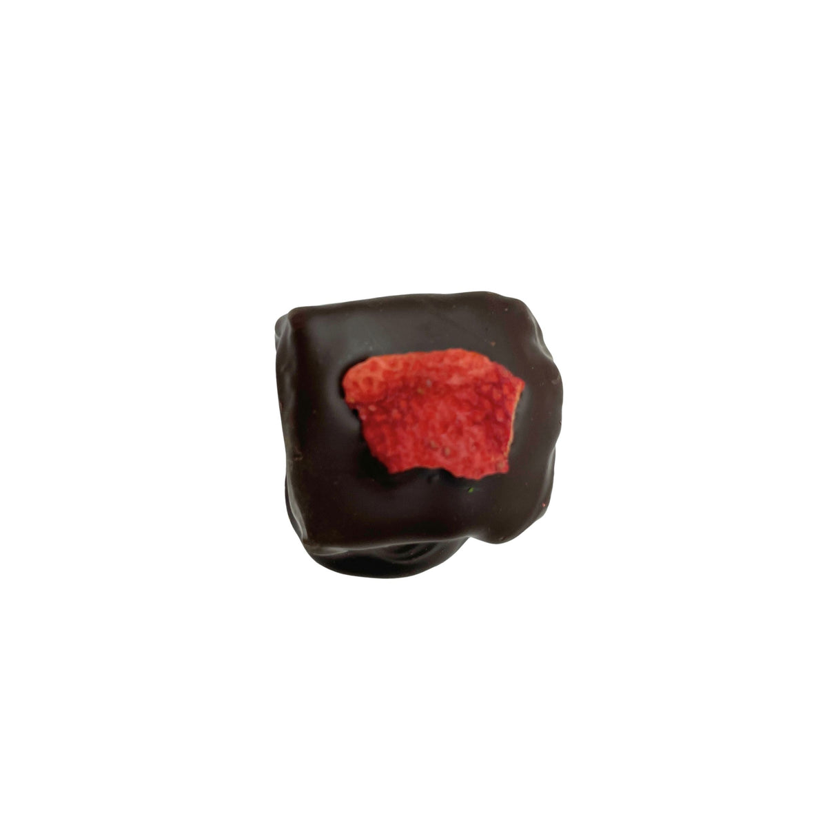 A single chocolate-covered marshmallow with a strawberry on top, isolated on a plain white background.