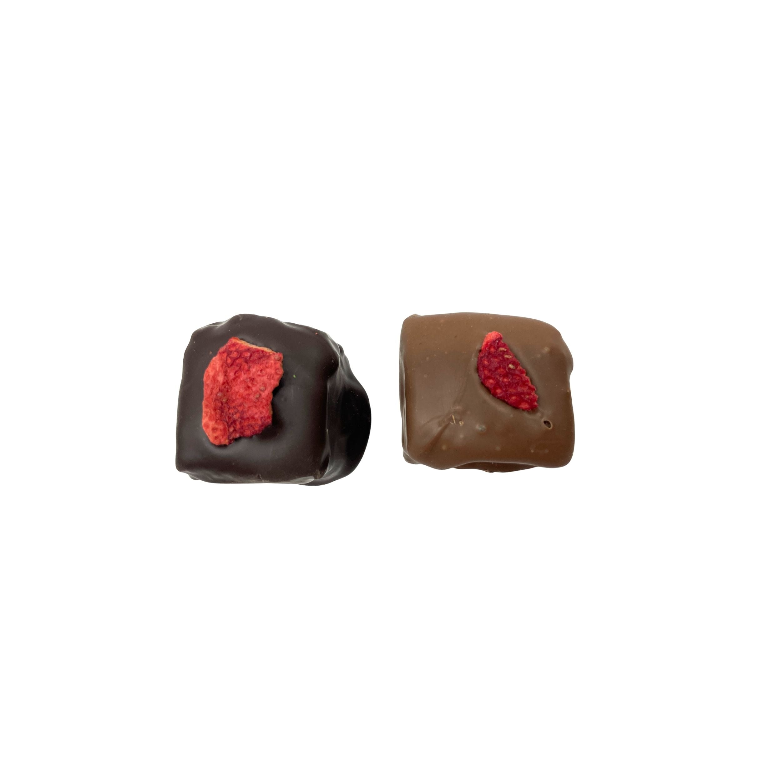 Two square-shaped chocolate candies with dried strawberries on top, one coated in dark chocolate and the other in milk chocolate, shown on a plain white background.