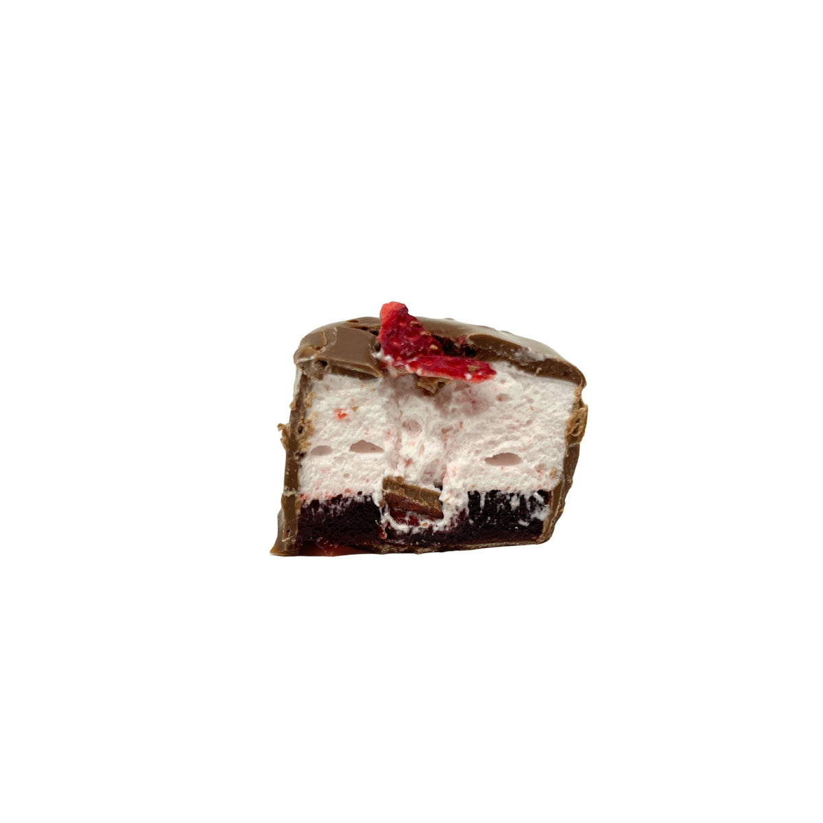 A piece of chocolate covered marshmallow, cut open with small strawberry on top, isolated on a white background.