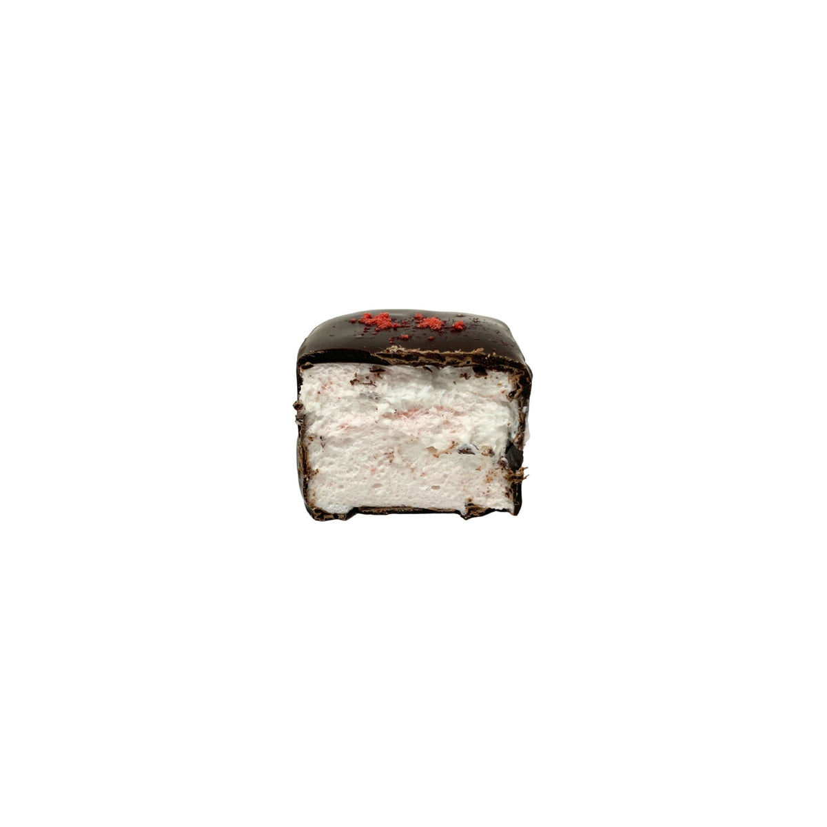 A single square of chocolate coveted marshmallow, cut open, with strawberry powder on top, isolated on a solid white background.
