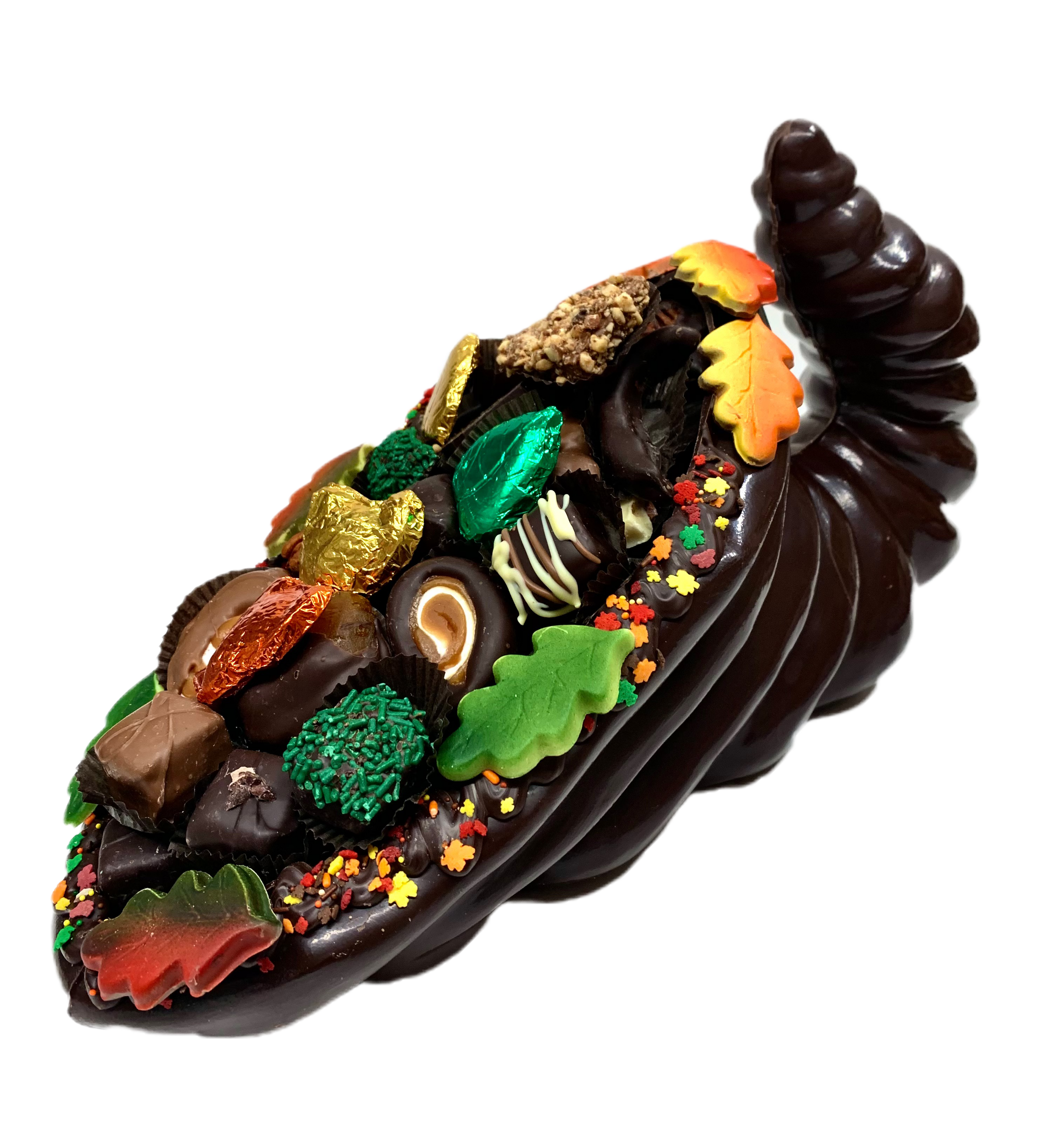 chocolate cornucopia with chocolates and decorations