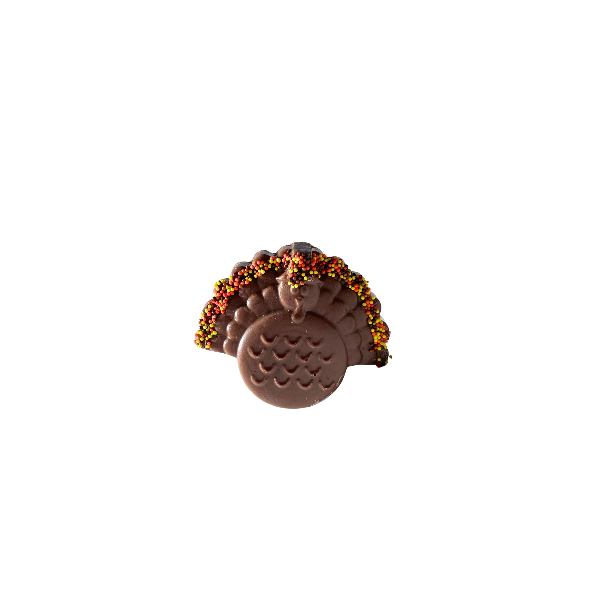 Chocolate turkey decoration with a colorful feathered crest on a white background