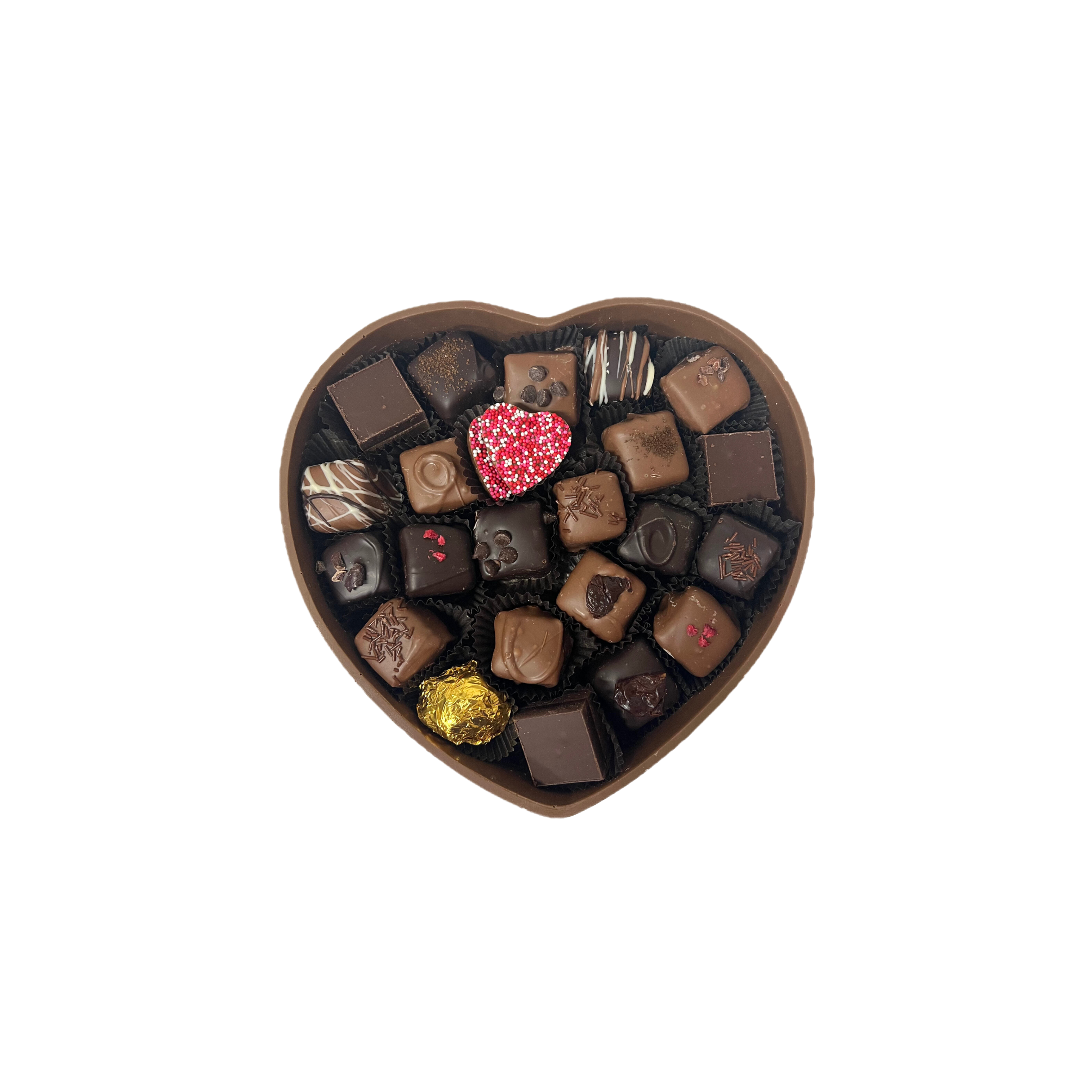 Heart-shaped box of assorted chocolates on a white background