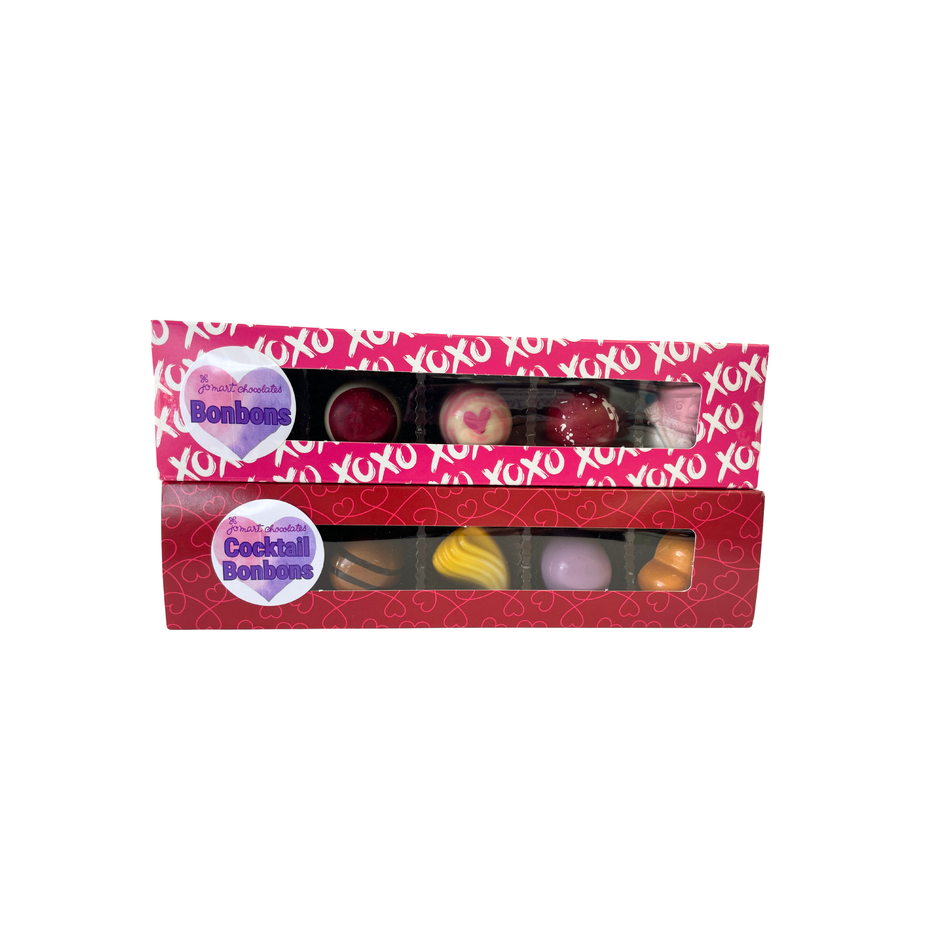 Box of Bonbons with a pink and red design on a white background
