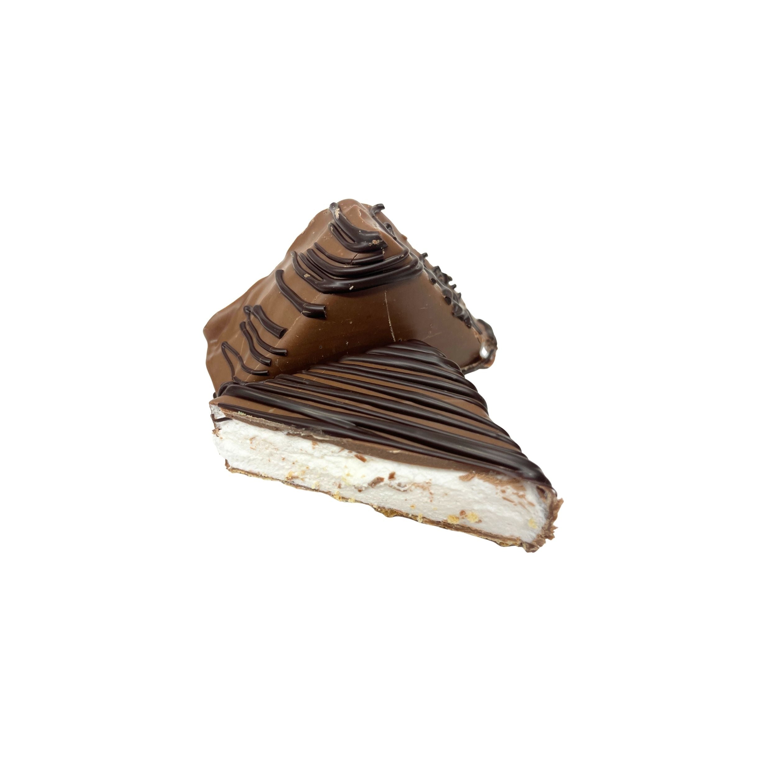 A cut open marshmallow smore in milk chocolate drizzled with dark chocolate on a white background.
