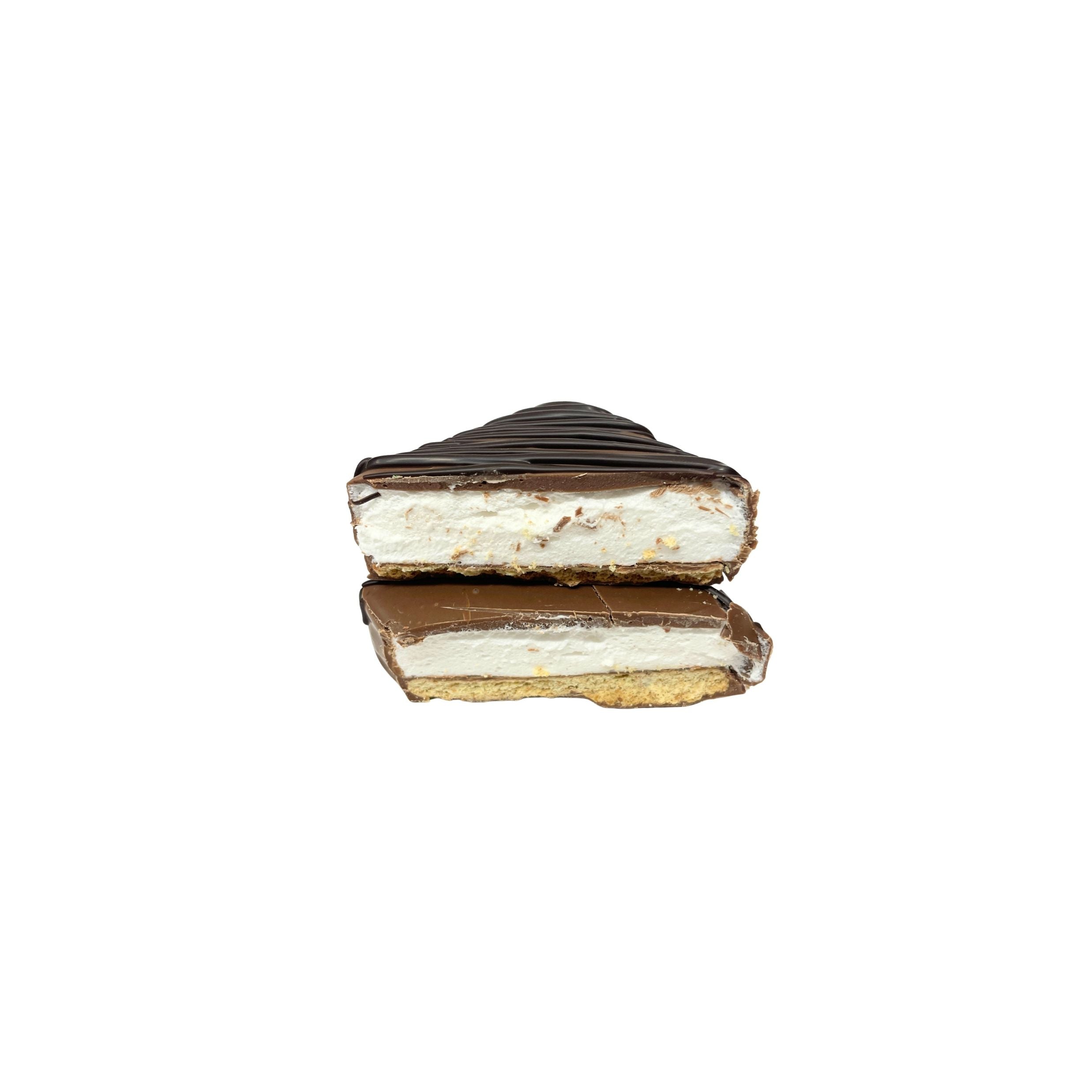 Two halves of a chocolate-covered marshmallow smore stacked vertically on a plain white background.