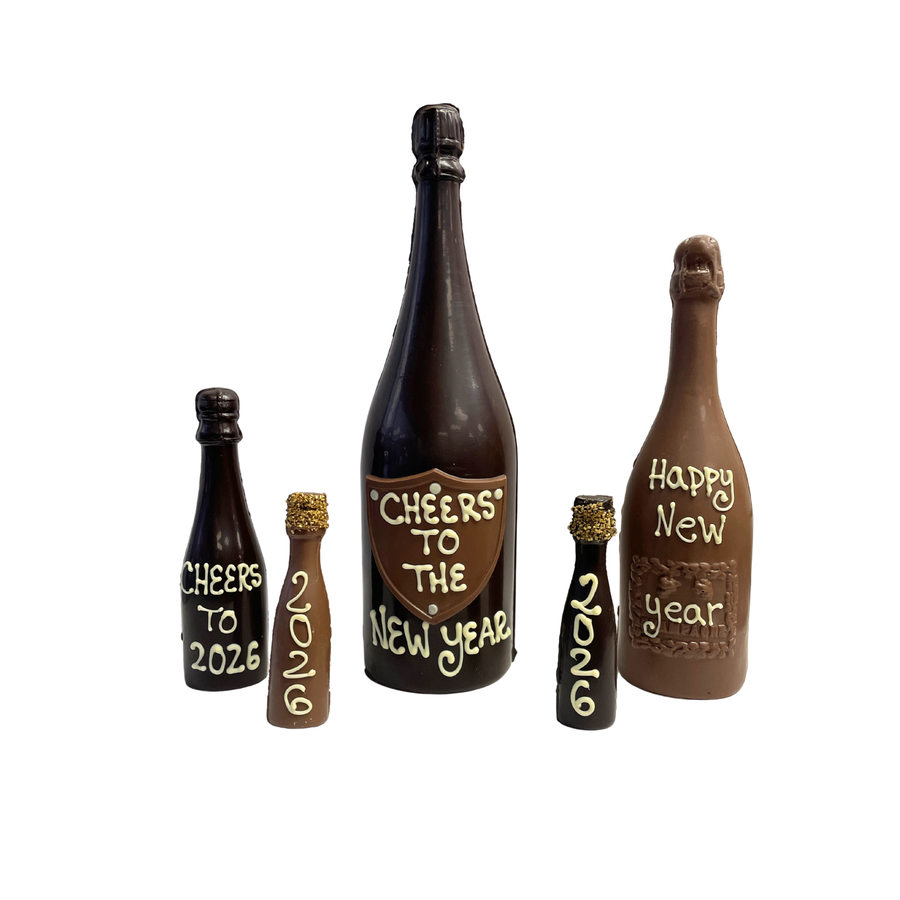 Set of chocolate bottles with New Year's inscriptions on a white background