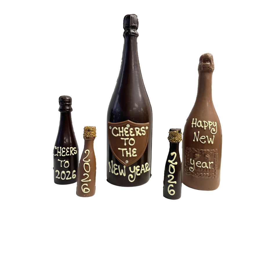 Set of chocolate bottles with New Year's inscriptions on a white background
