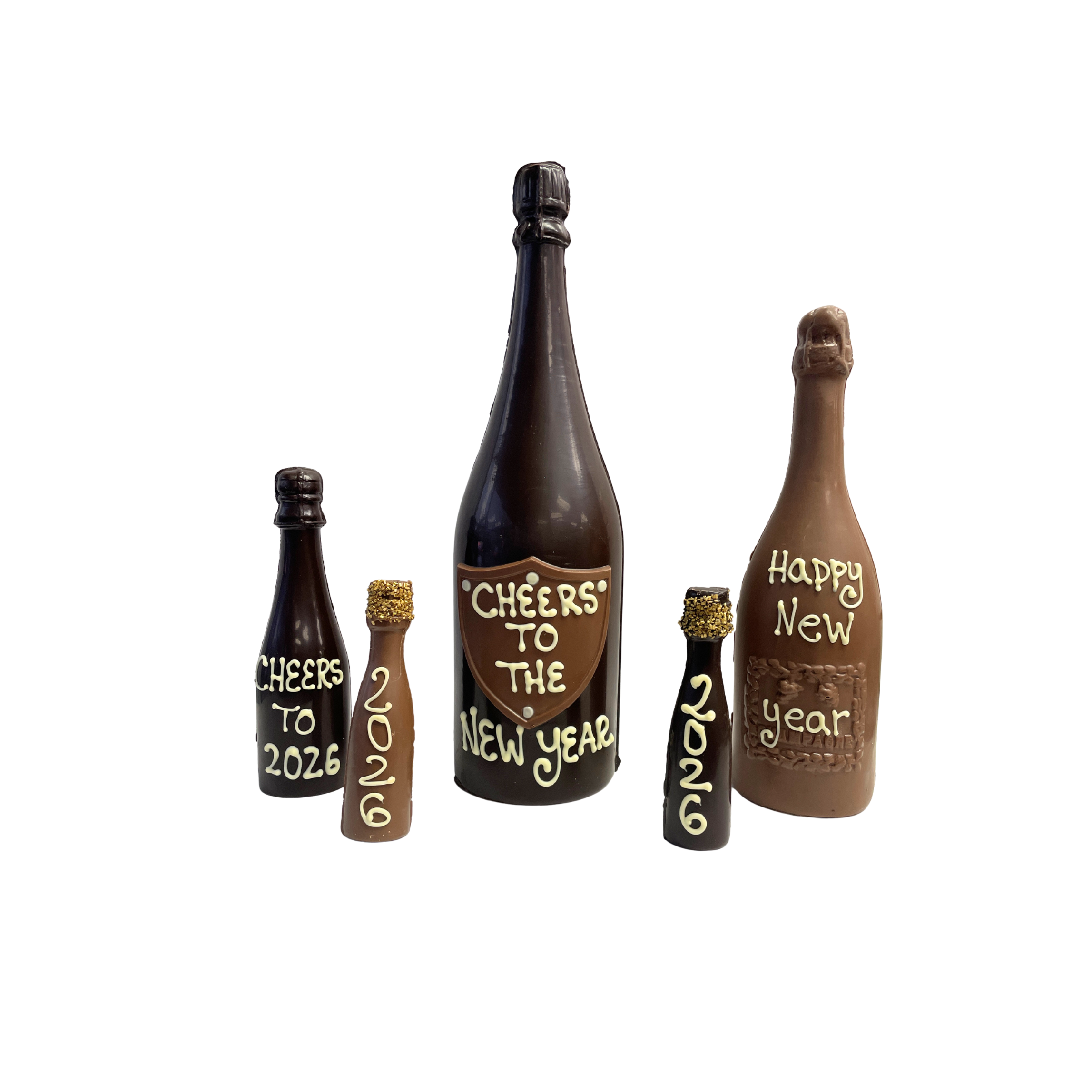 Set of chocolate bottles with New Year's text on a white background