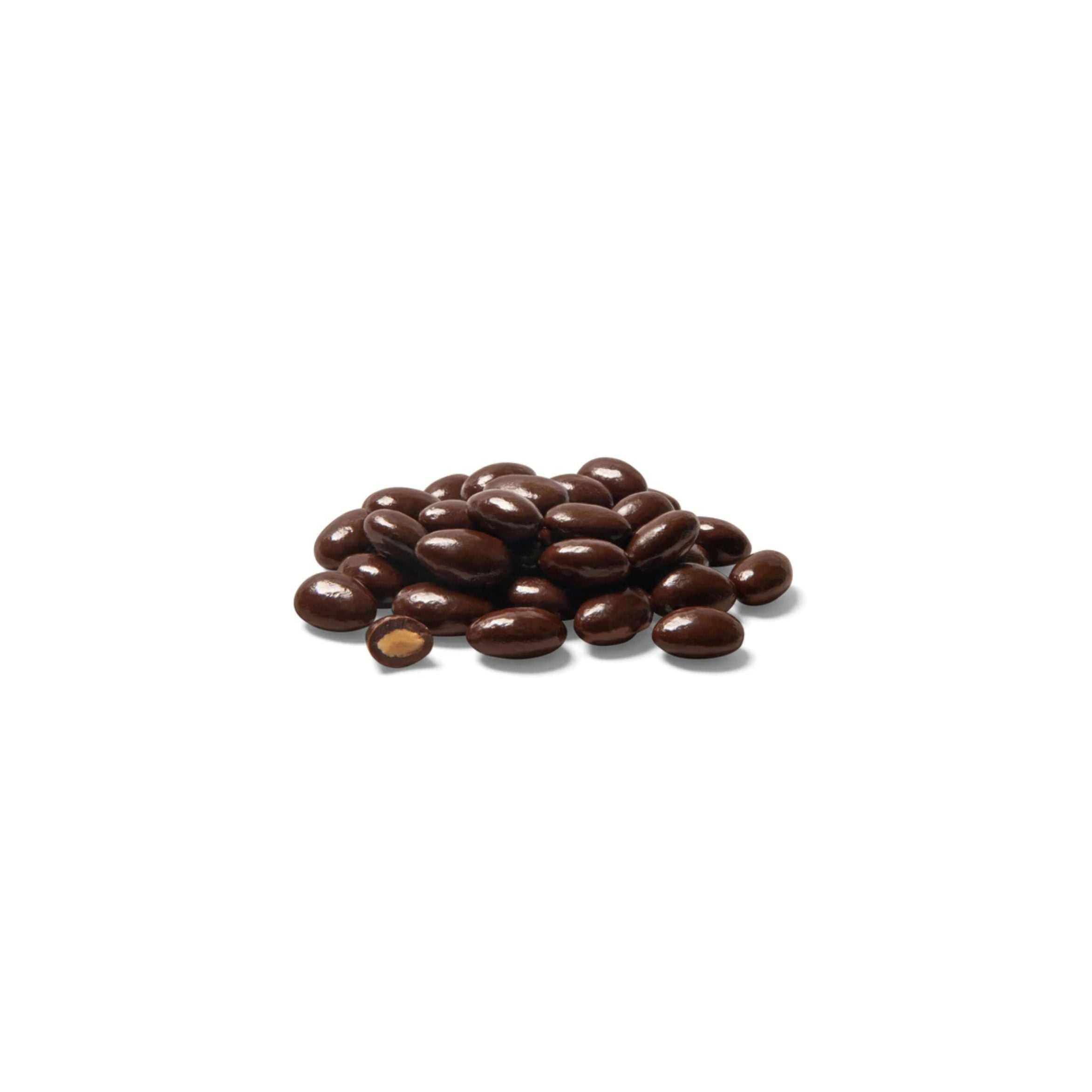 Chocolate-covered almonds on a white background