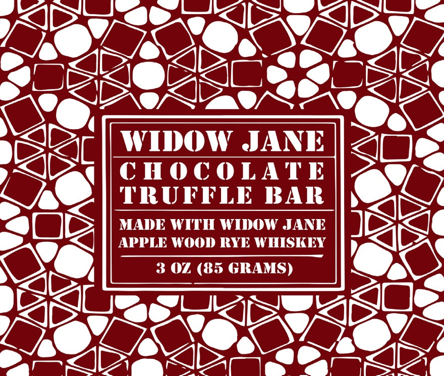maroon and white design with "Widow Jane Chocolate Truffle Bar Made with Widow Jane apple wood rye whiskey 3oz (85 grams)"