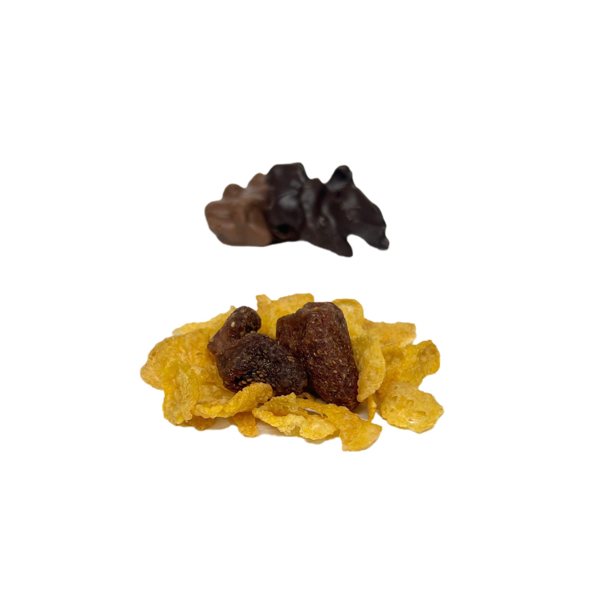 Chocolate-covered cereal pieces on a white background