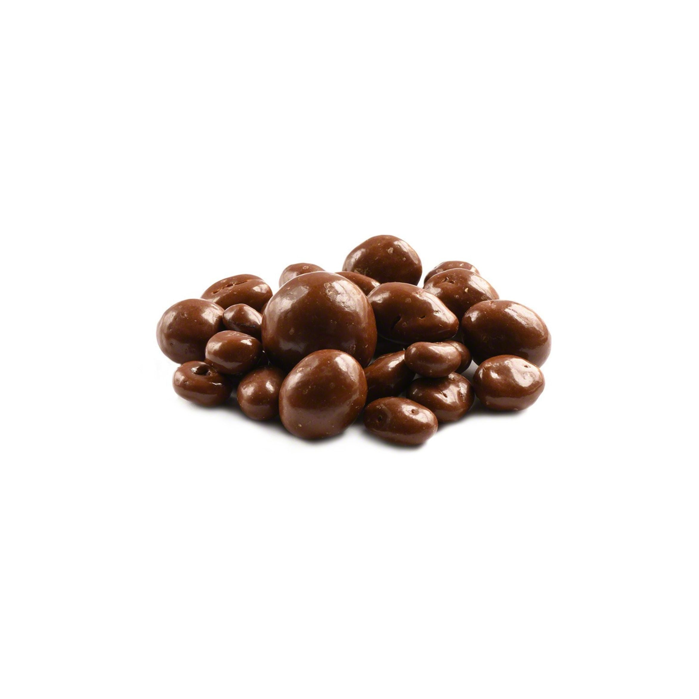 Chocolate-covered candies on a white background