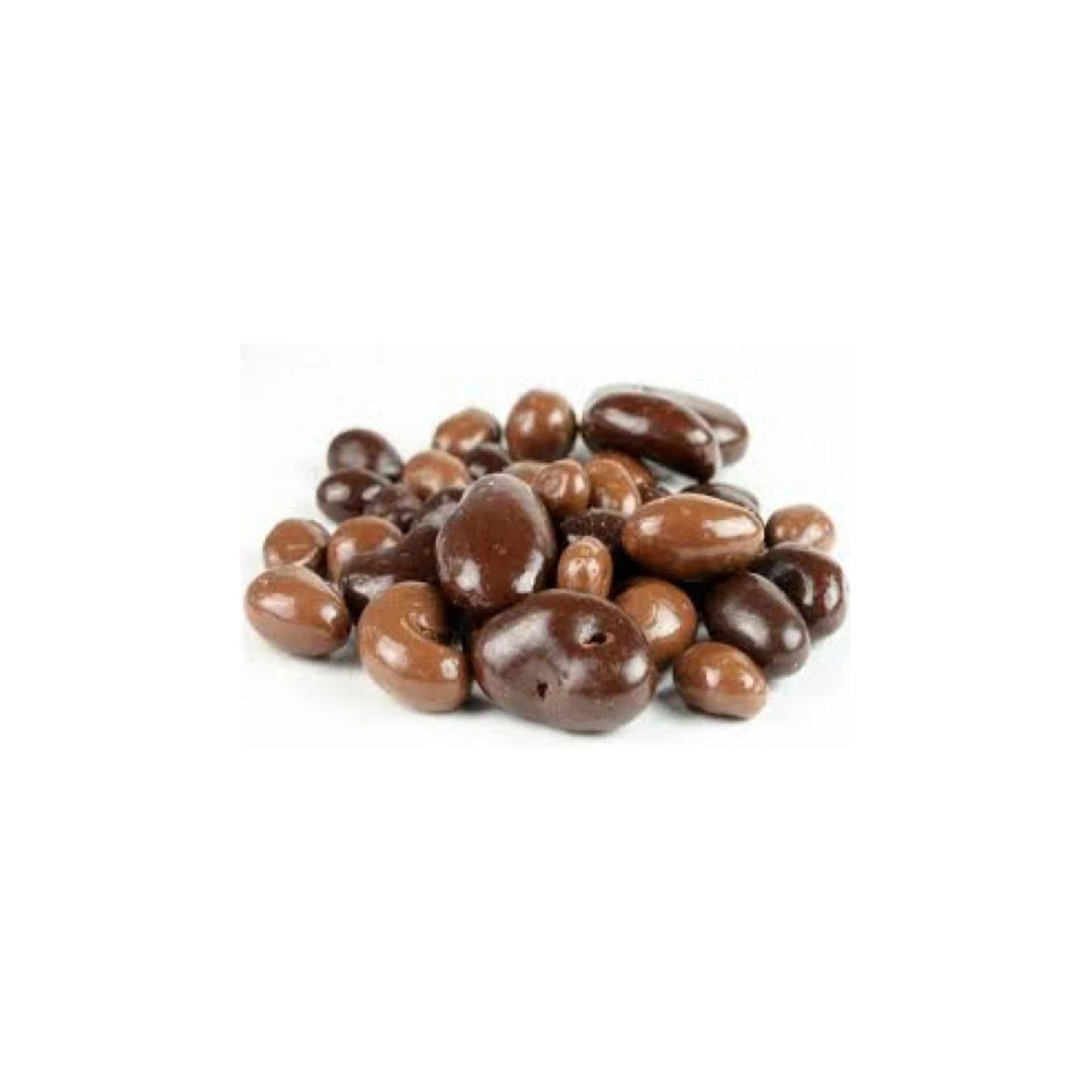 Brown chocolate-covered candies on a white background