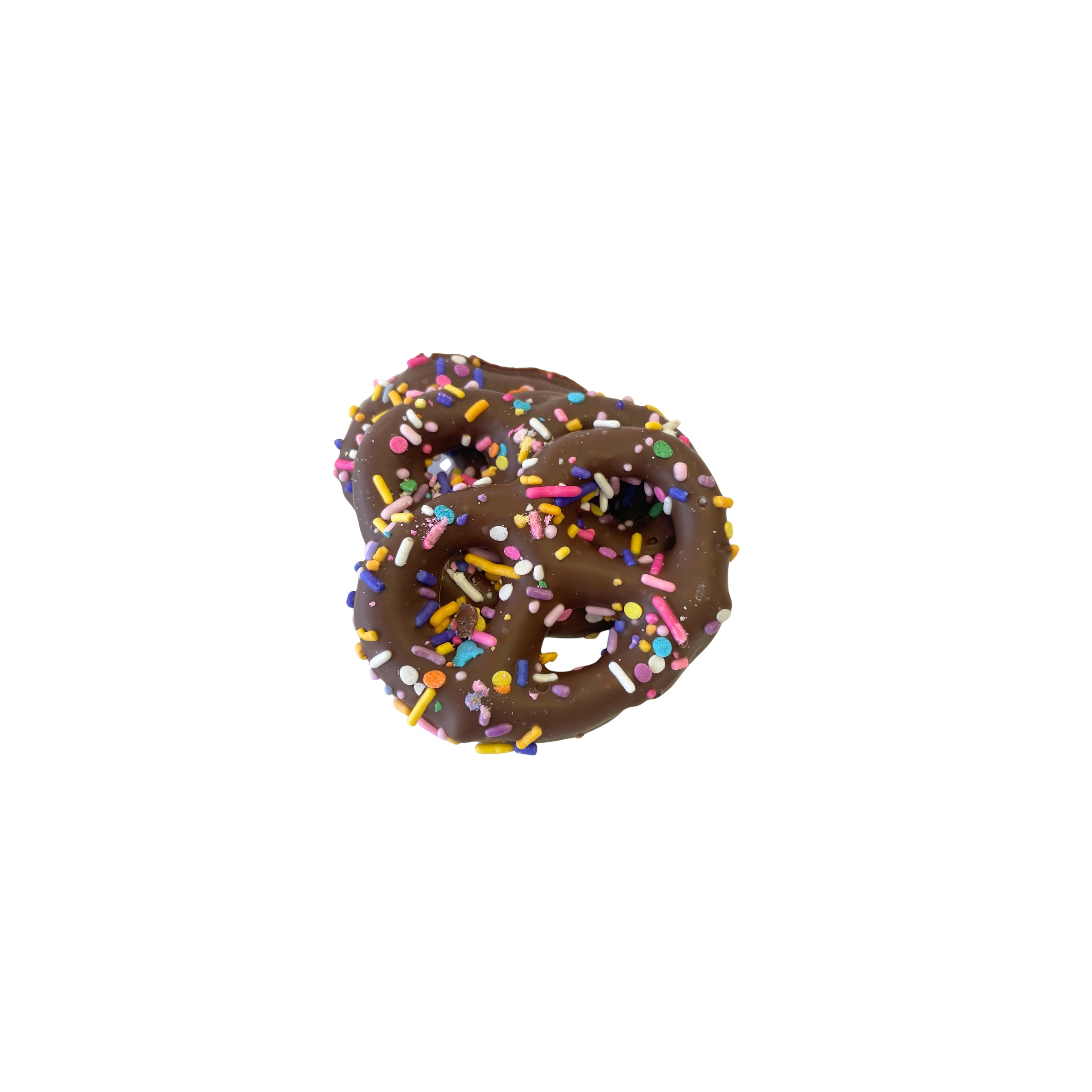 Chocolate pretzels with colorful sprinkles on a white background