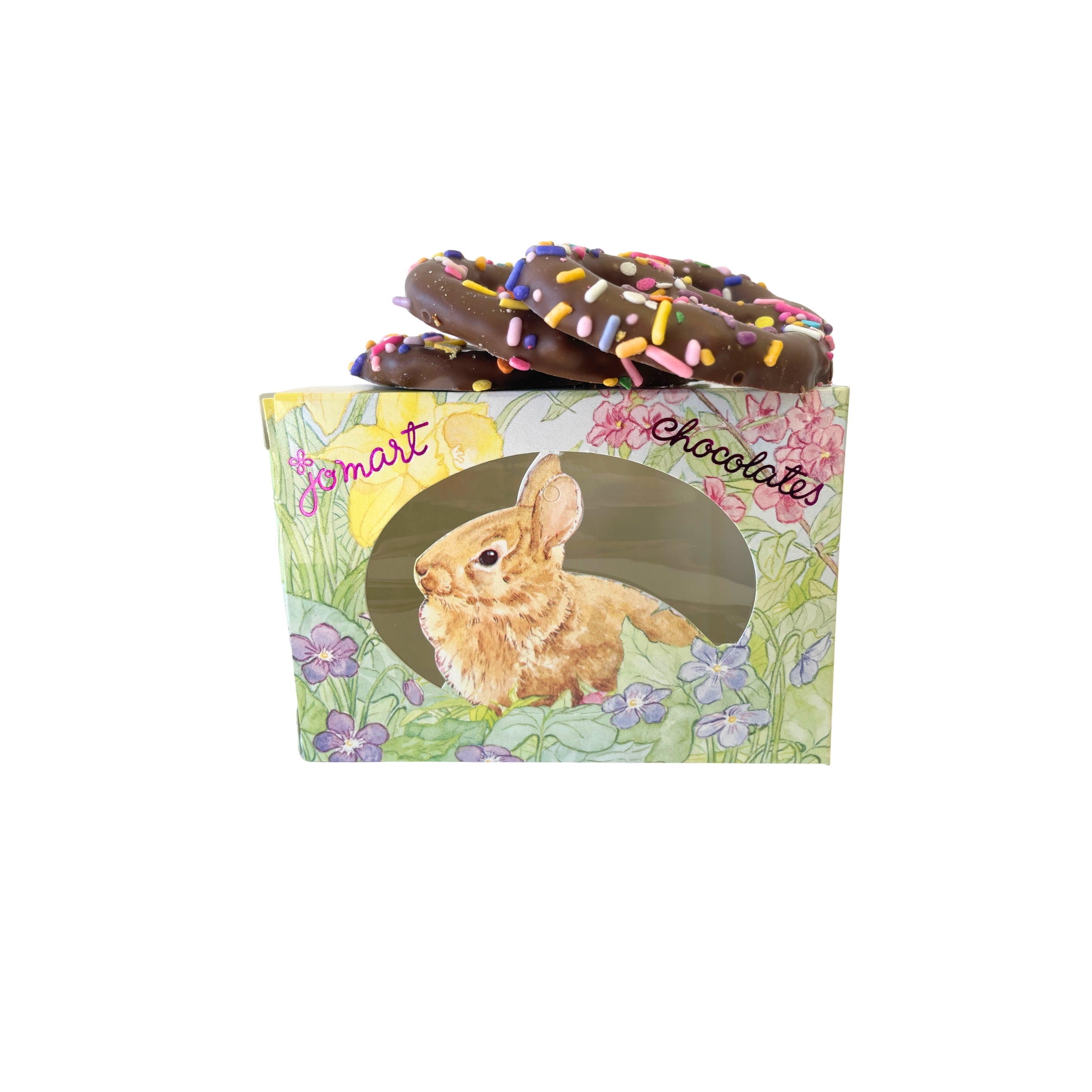 Box of chocolates with a rabbit illustration on a white background