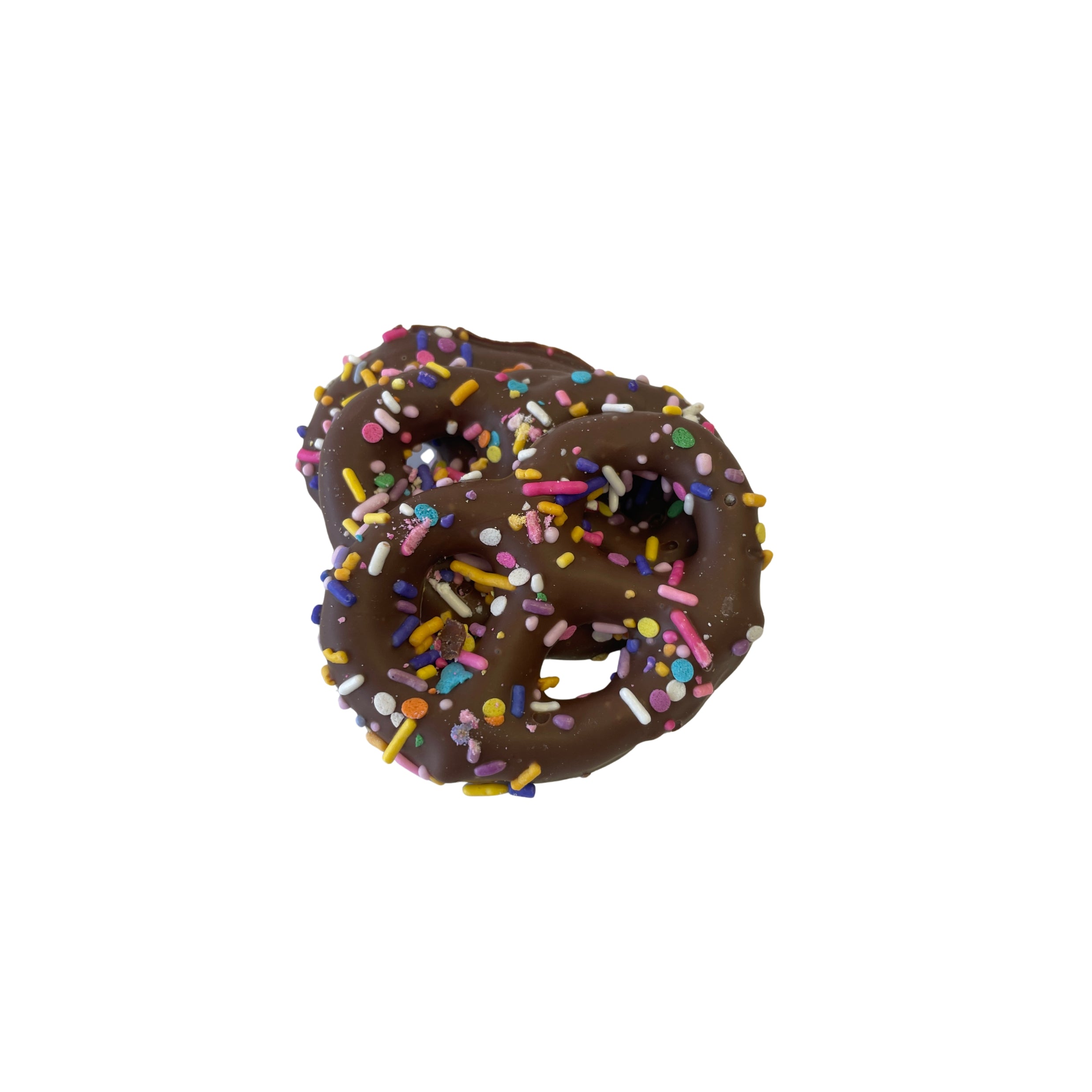 Chocolate pretzels with colorful sprinkles on a white background