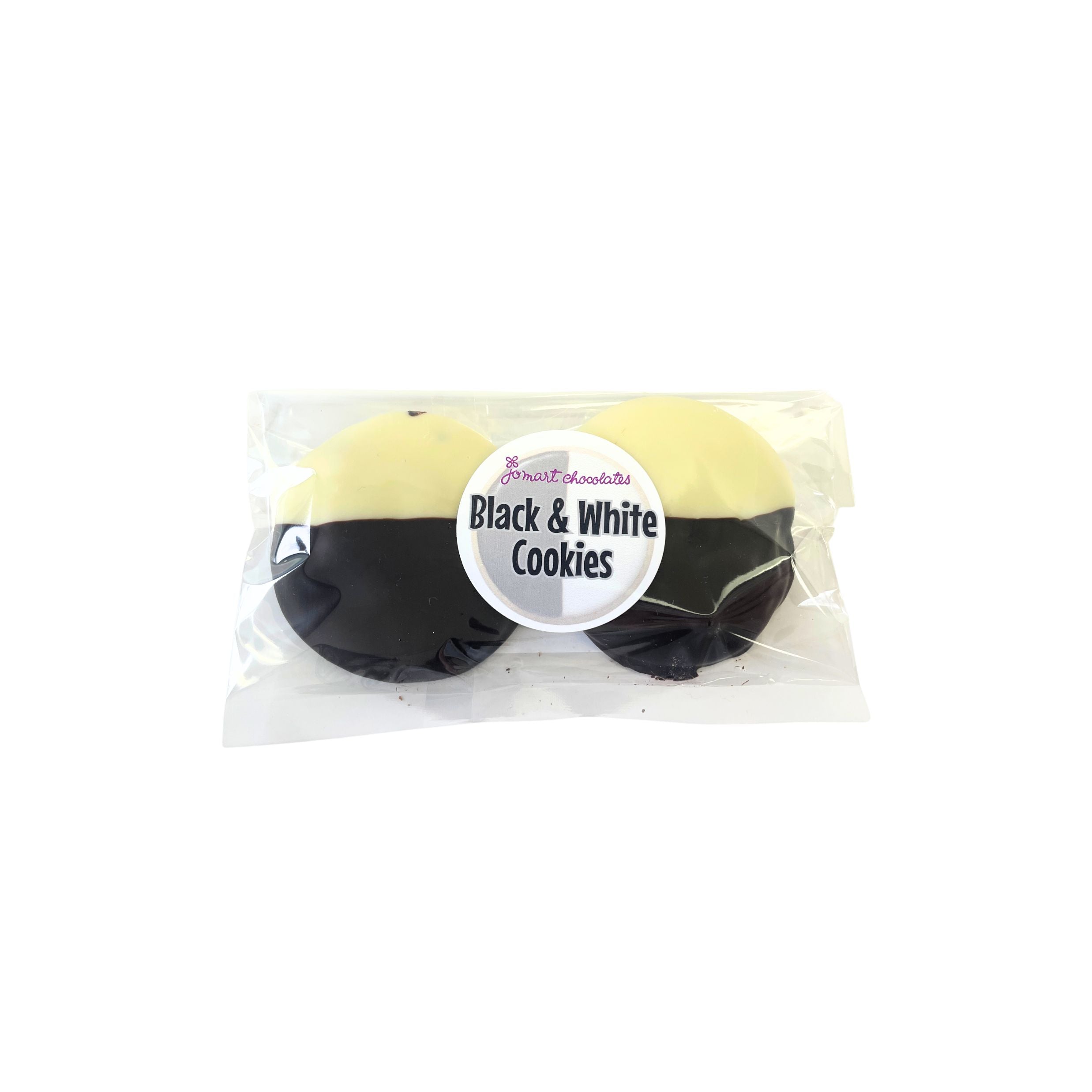 Packaged black and white cookies with a label on a white background