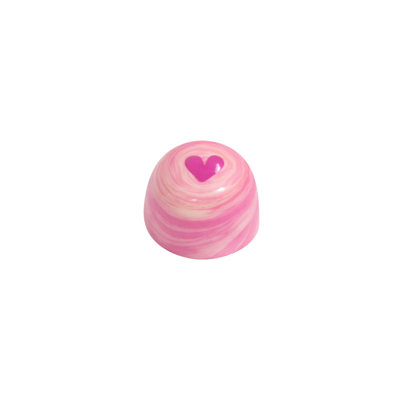 Pink chocolate truffle with a heart design on a white background