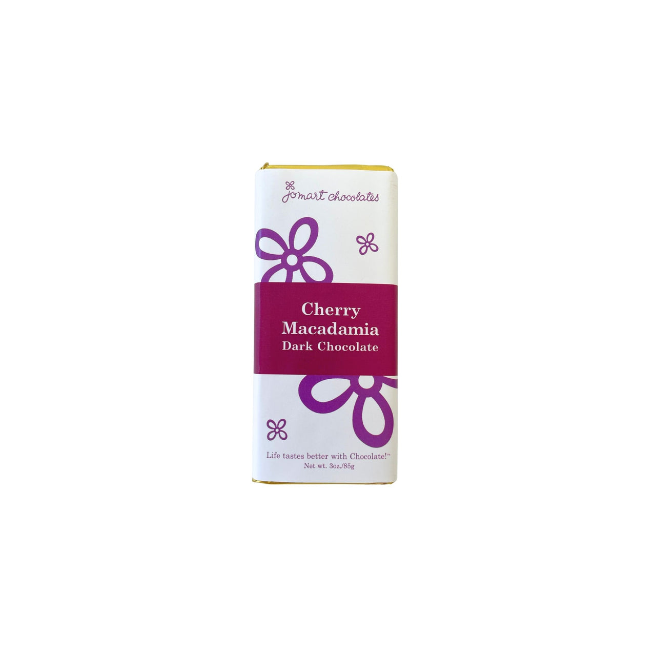 A single bar of chocolate in its wrapper, labeled 'Cherry Macadamia Dark Chocolate' on a plain white background.