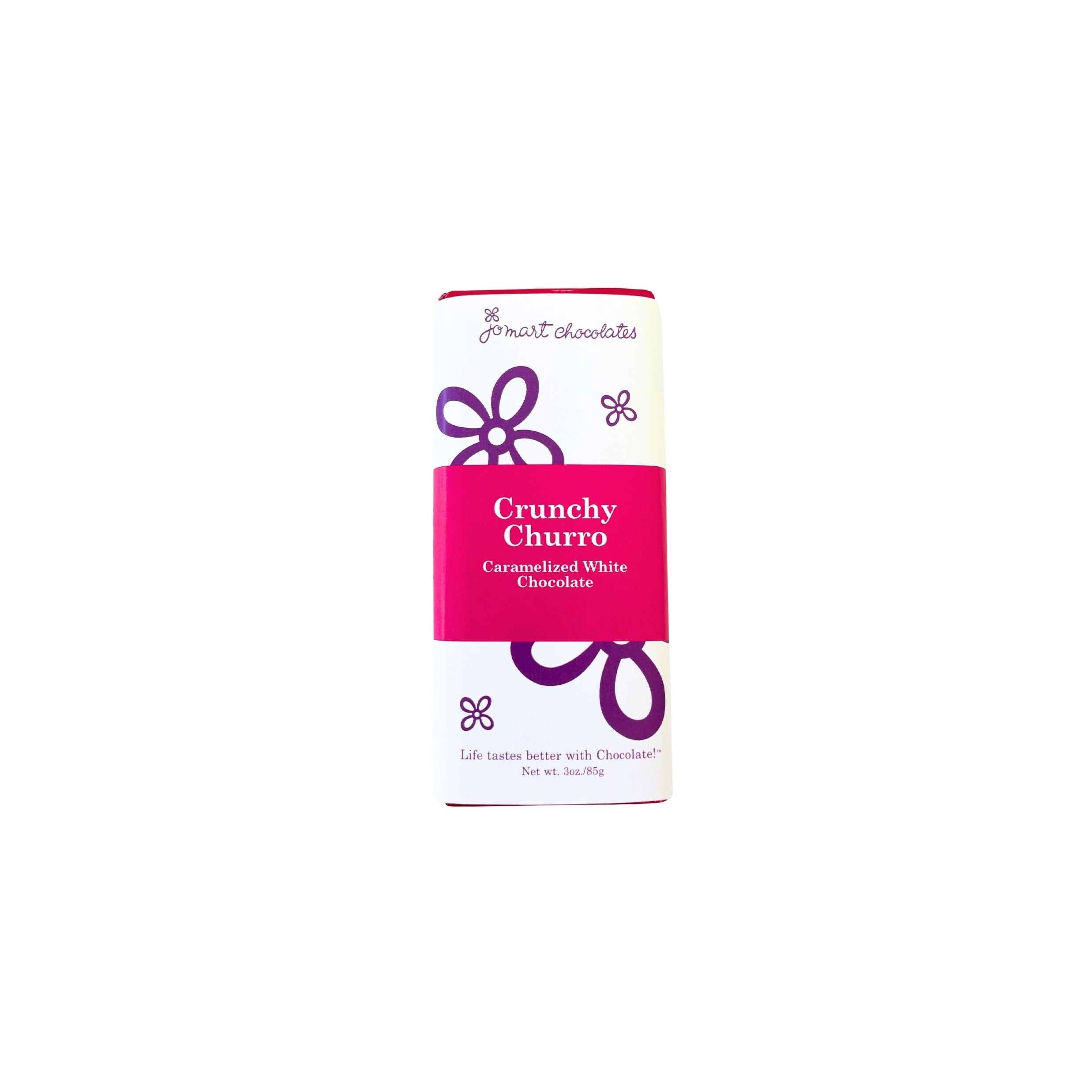 A single packaged chocolate with the text Crunchy Churro' (Caramelized White Chocolate), centered on a plain white background with a pink band