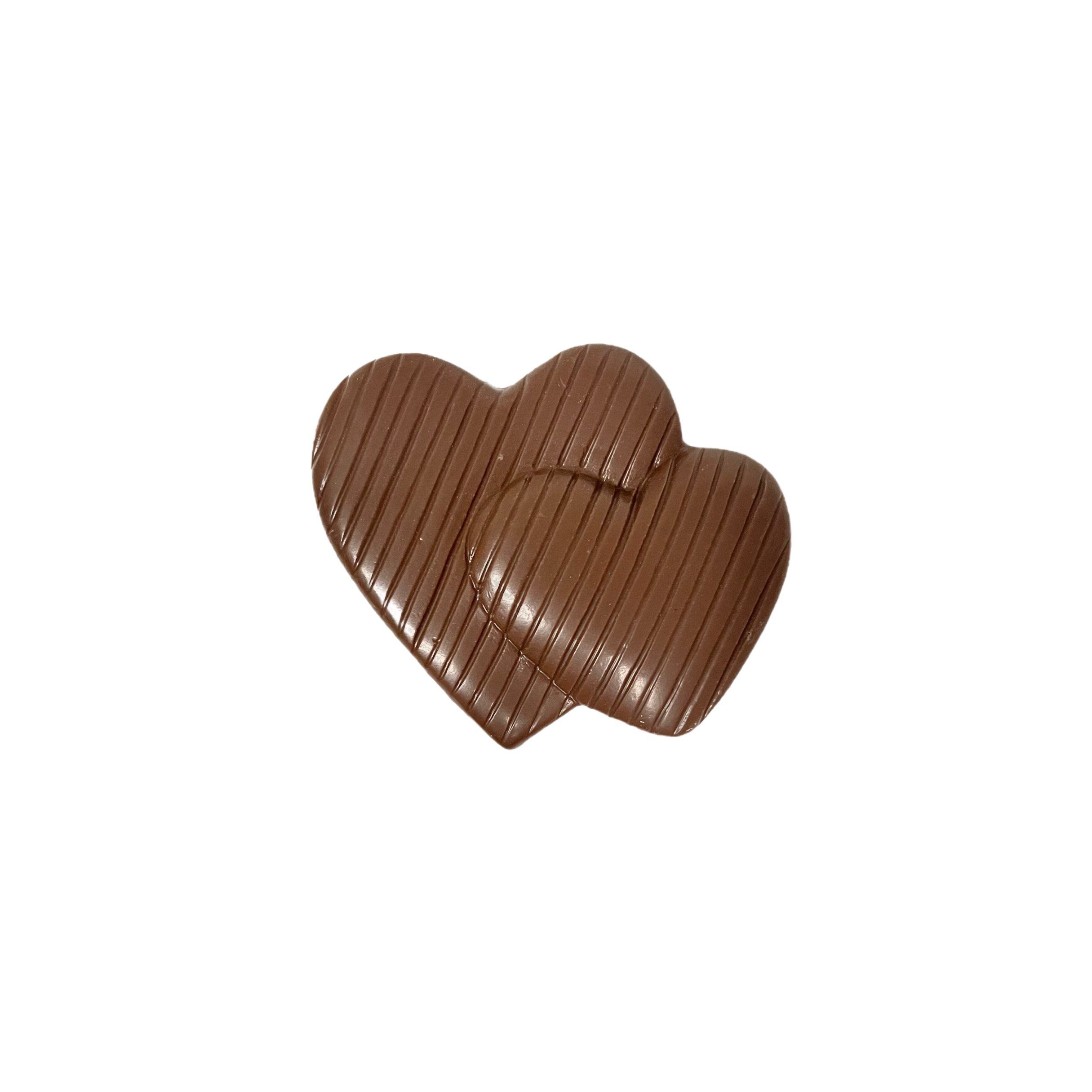 Two chocolate heart-shaped objects on a white background