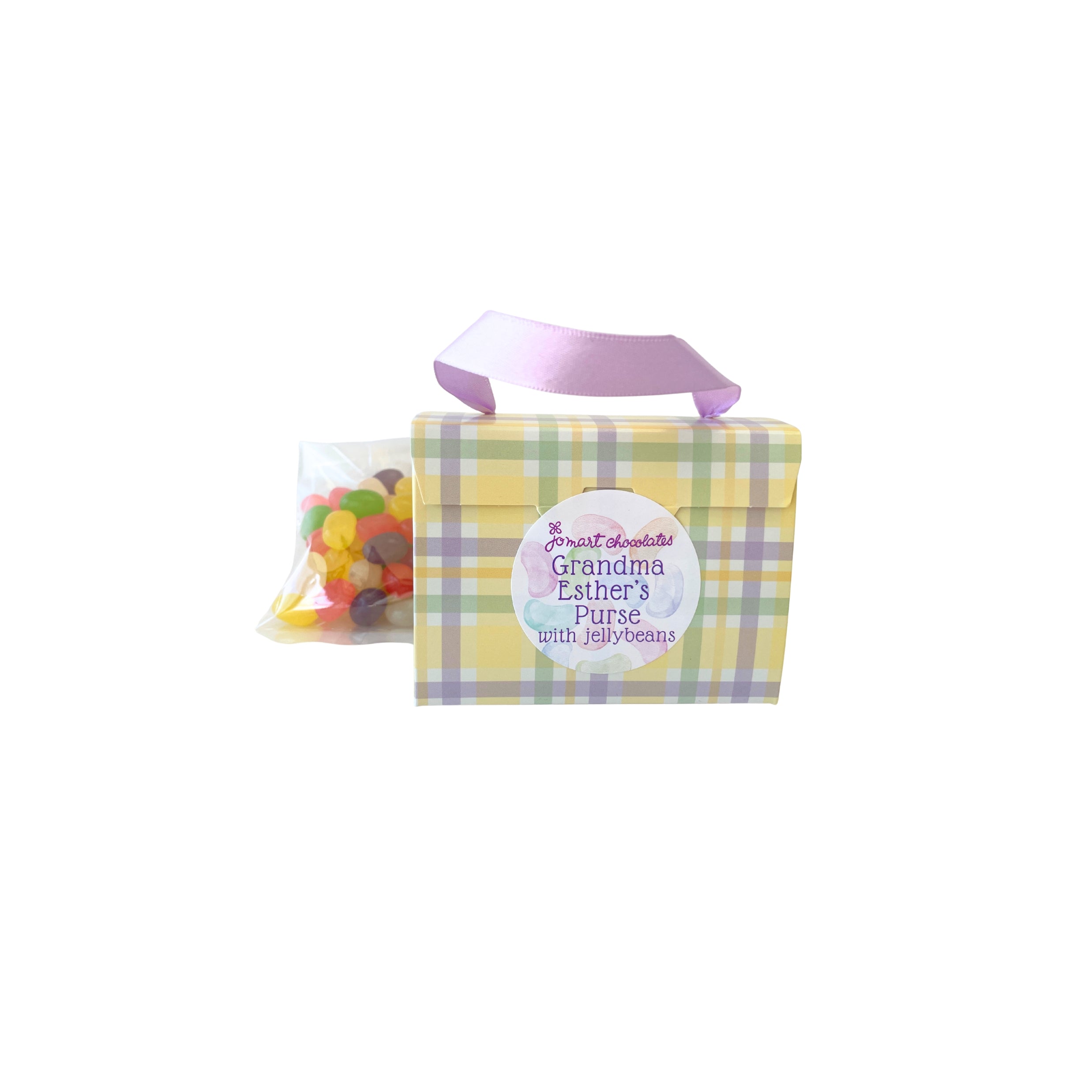 Yellow plaid box with a purple ribbon handle, containing jellybeans and a label on a white background.