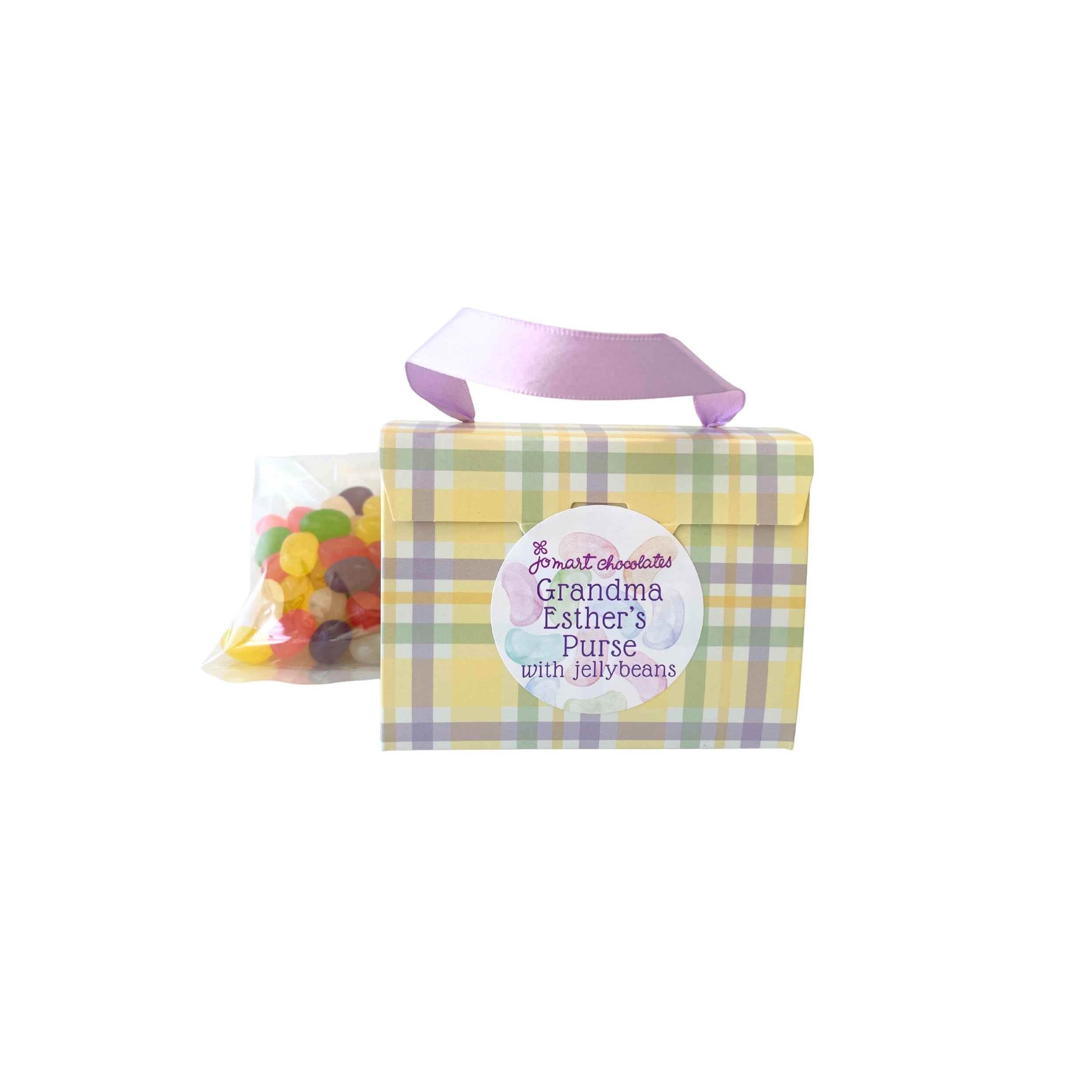 Small box labeled 'Grandma Esther's Purse with Jellybeans' on a white background
