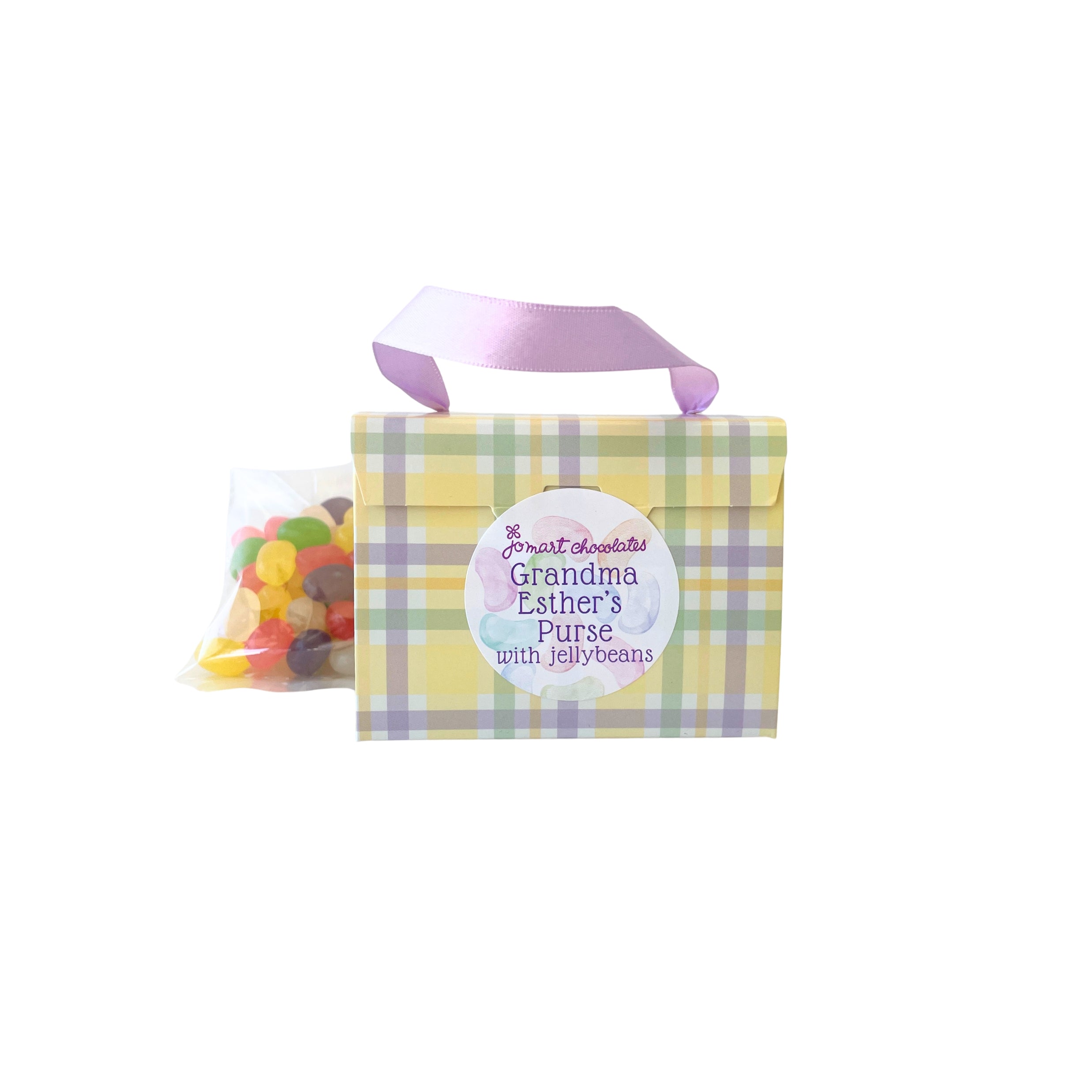 Small bag of jellybeans with a plaid pattern and ribbon on a white background