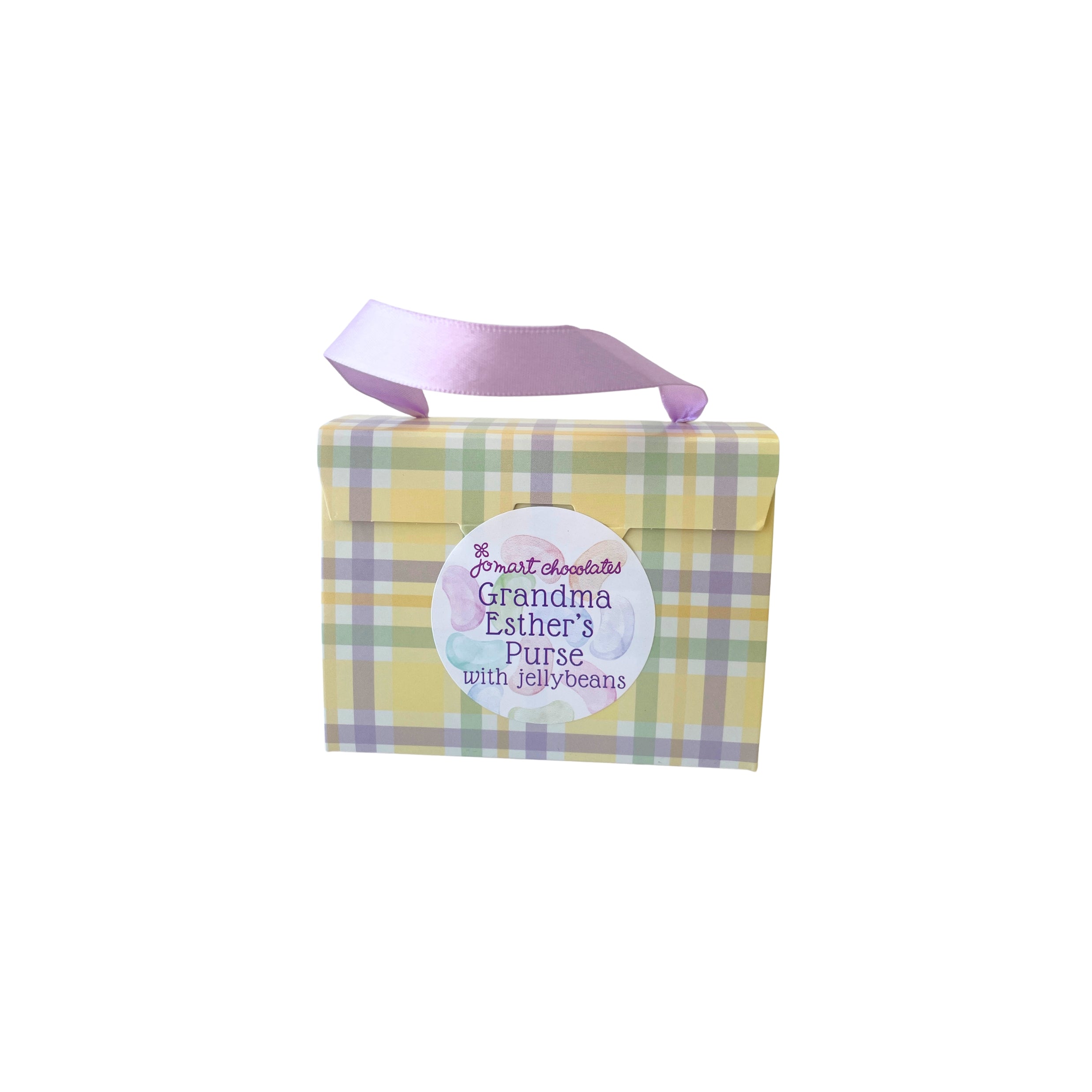 Small plaid bag with a label on a white background